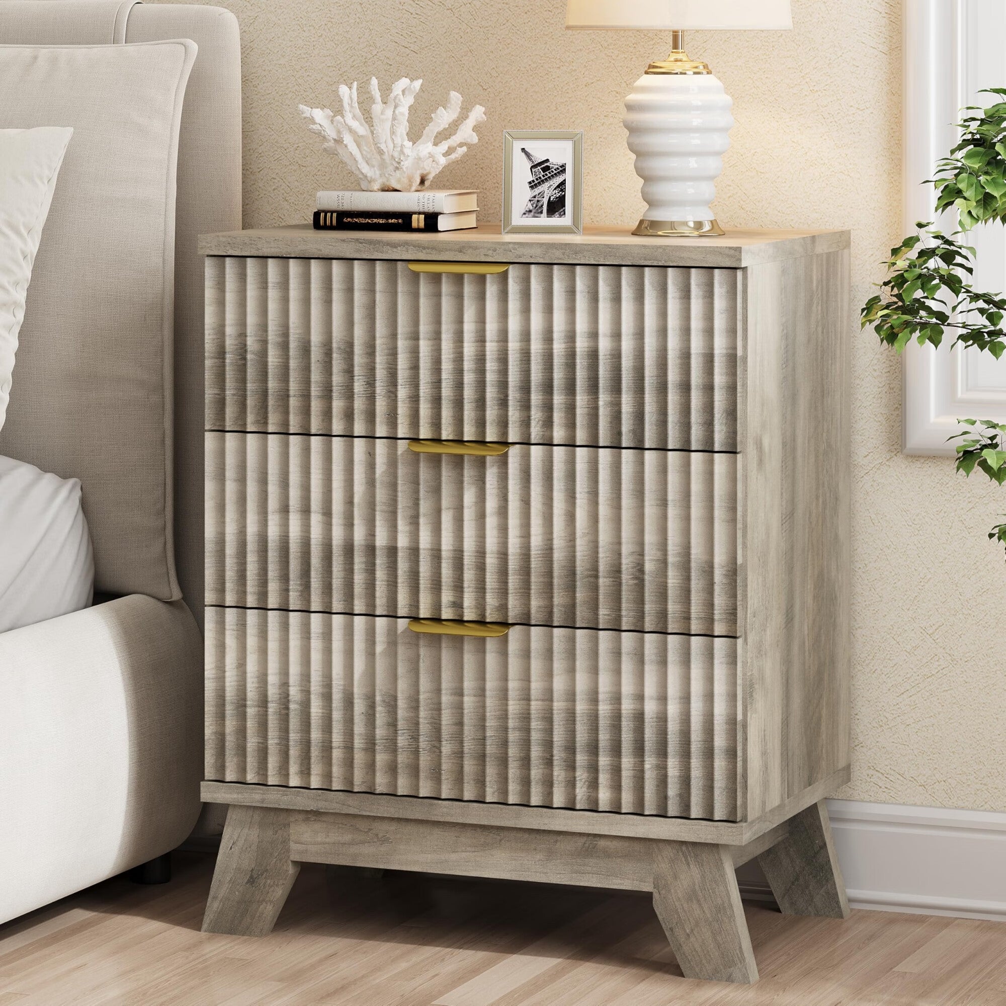 FANRAL 3 Large Drawer Nightstand,30" Tall Night Stand,24" Wide Side Table,Wood Fluted Bedside Table Modern End Table Small Dresser for Bedroom