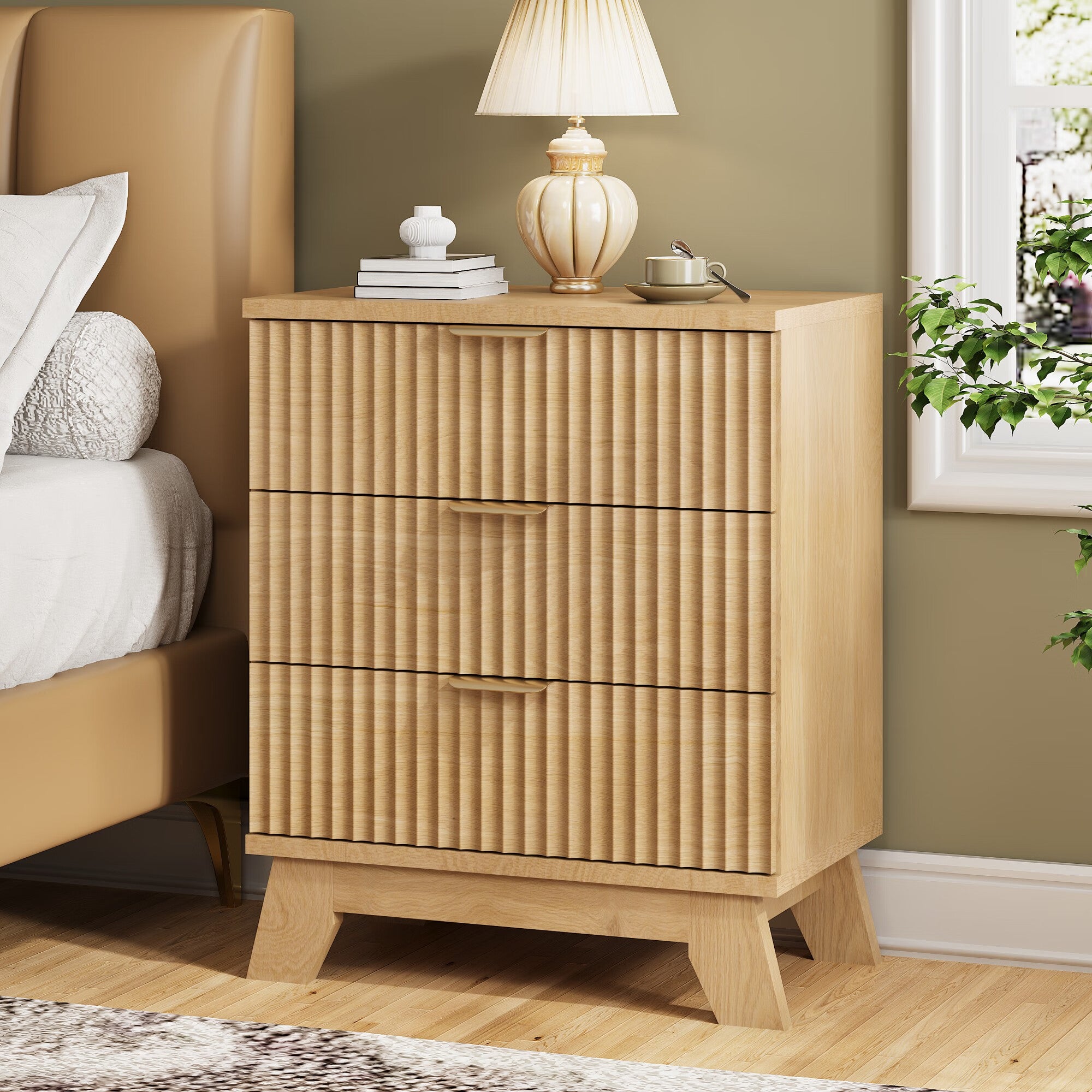 FANRAL 3 Large Drawer Nightstand,30" Tall Night Stand,24" Wide Side Table,Wood Fluted Bedside Table Modern End Table Small Dresser for Bedroom