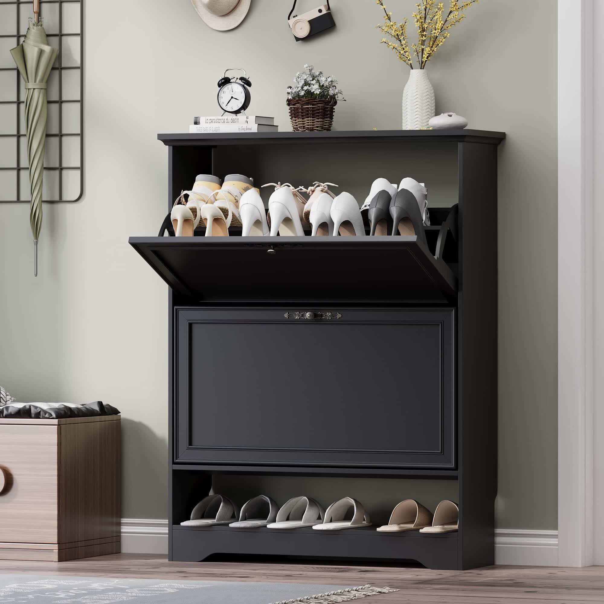 FANRAL Shoe Cabinet with 2 Flip Drawers & Open Storage,Adjustable Shelves en Slim Shoe Storage Cabinet and Rack for Entryway,