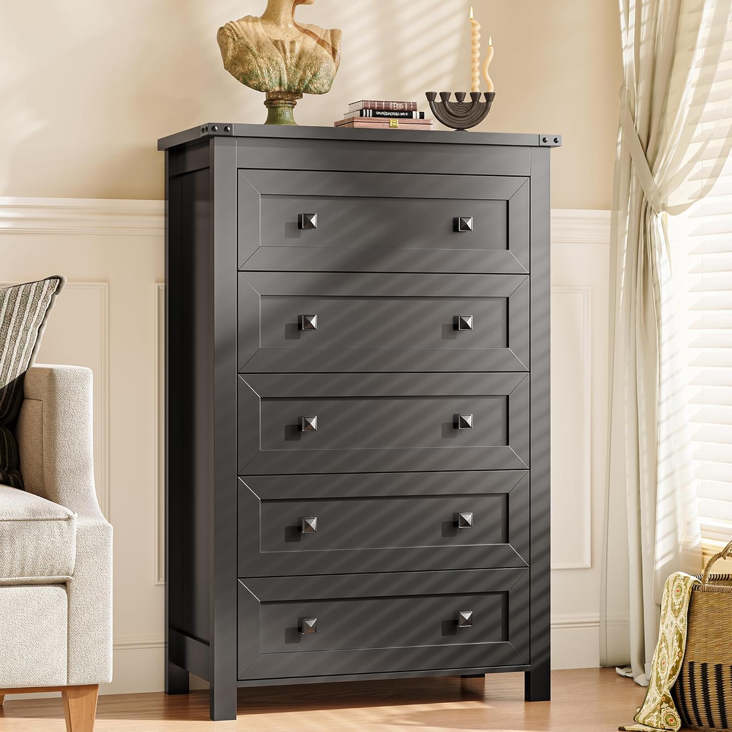 FANRAL Dresser for Bedroom with 6 Drawers, Metal Handle Closet Storage Cabinet,Wide TV Stand Chests of Drawers, Dresser