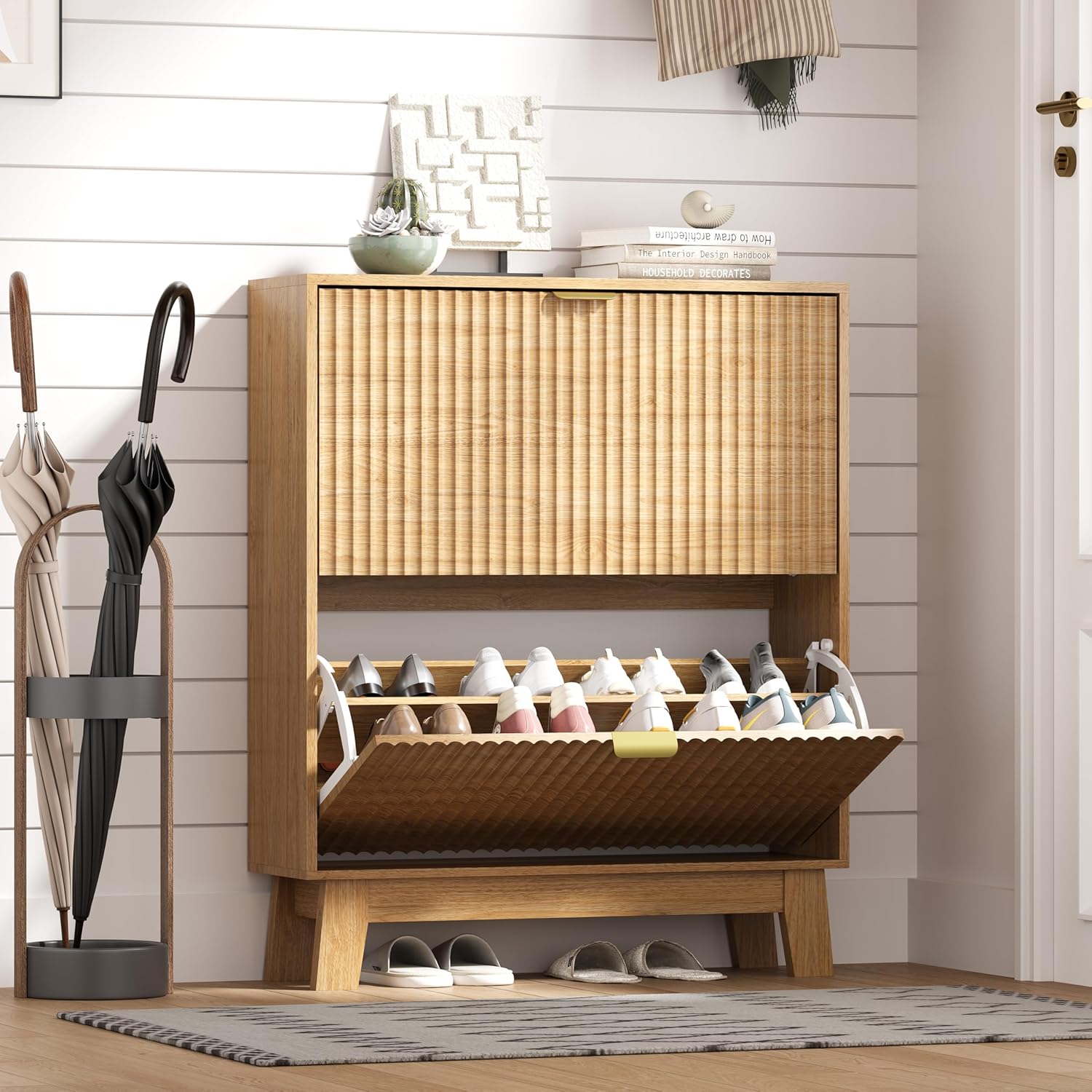 FANRAL Shoe Cabinet with 2 Flip Drawers & Open Storage,Fluted Shoe Storage Cabinet Rack Organizer with Adjustable Shelves for Entryway,Closet,Hallway,