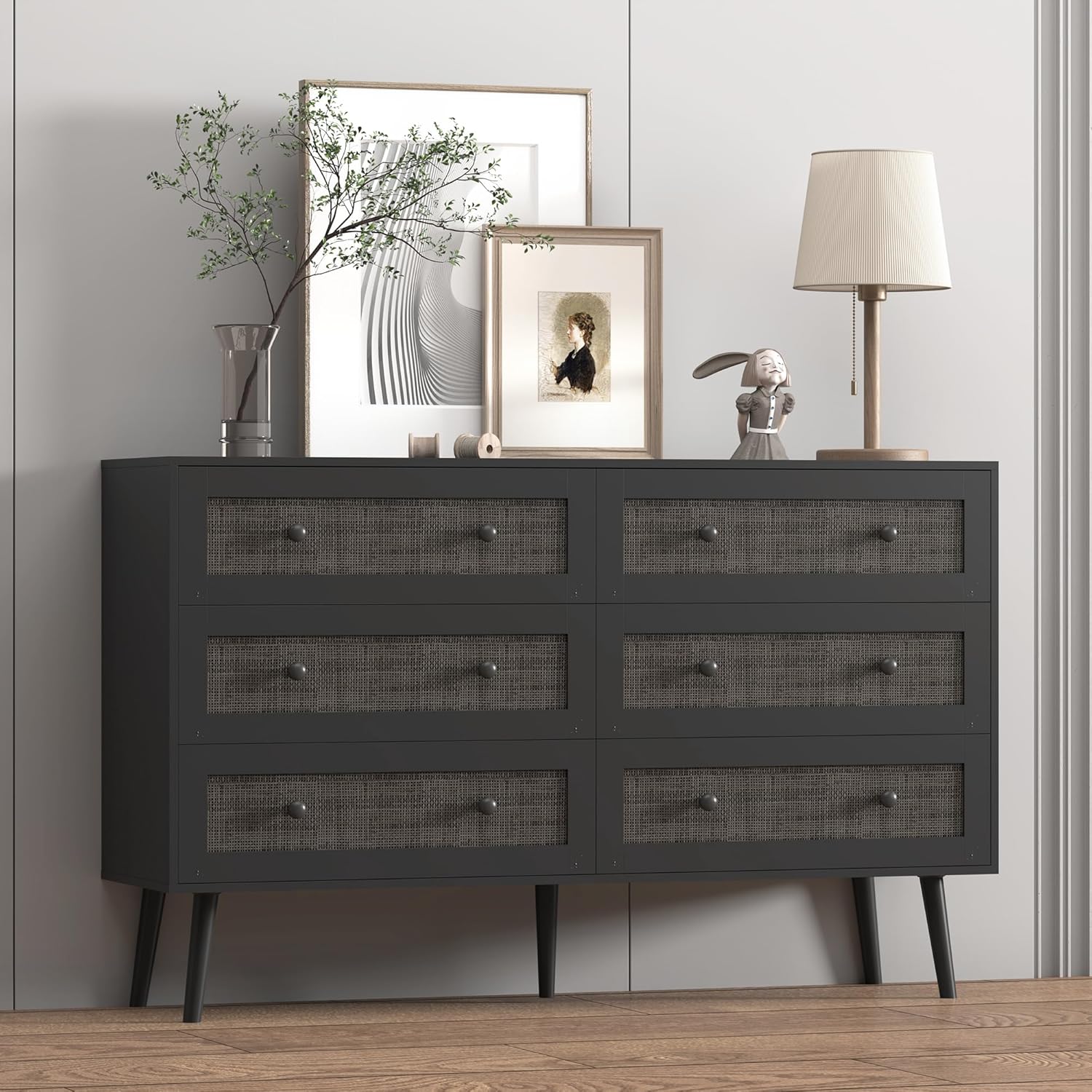 FANRAL 3 Drawers Dresser for Bedroom,Boho Small Natural Rattan Closet Dresser Chest of Drawers,Modern Clothes Storage Organizer with en Feet and Handles for Hallway,Living Room,Entryway