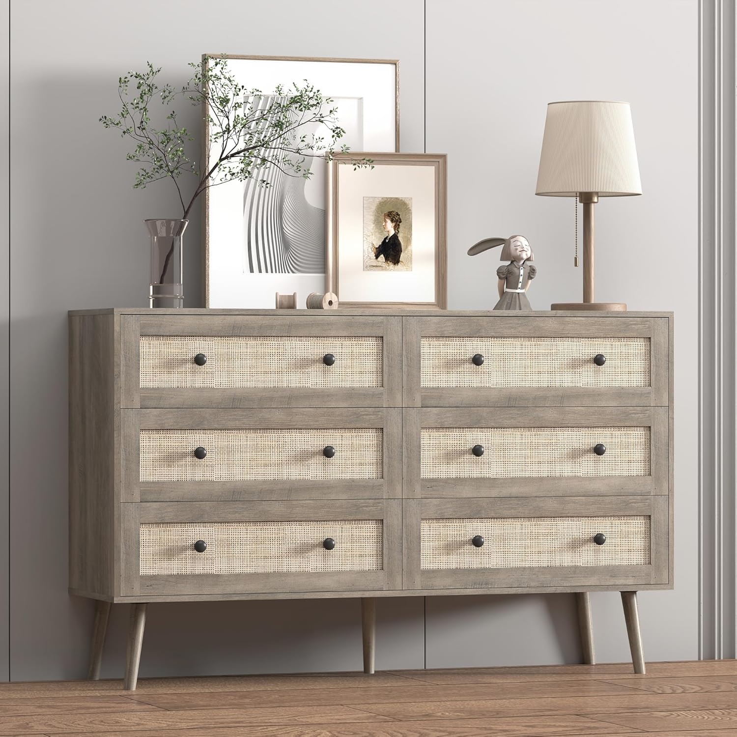 FANRAL 3 Drawers Dresser for Bedroom,Boho Small Natural Rattan Closet Dresser Chest of Drawers,Modern Clothes Storage Organizer with en Feet and Handles for Hallway,Living Room,Entryway