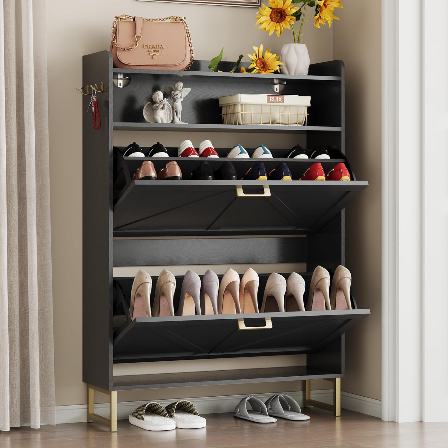FANRAL Shoe Storage Cabinet for Entryway,2 Flip Drawer & Open Storage Shoe Rack Organizer,en Narrow Shoes Cabinet,