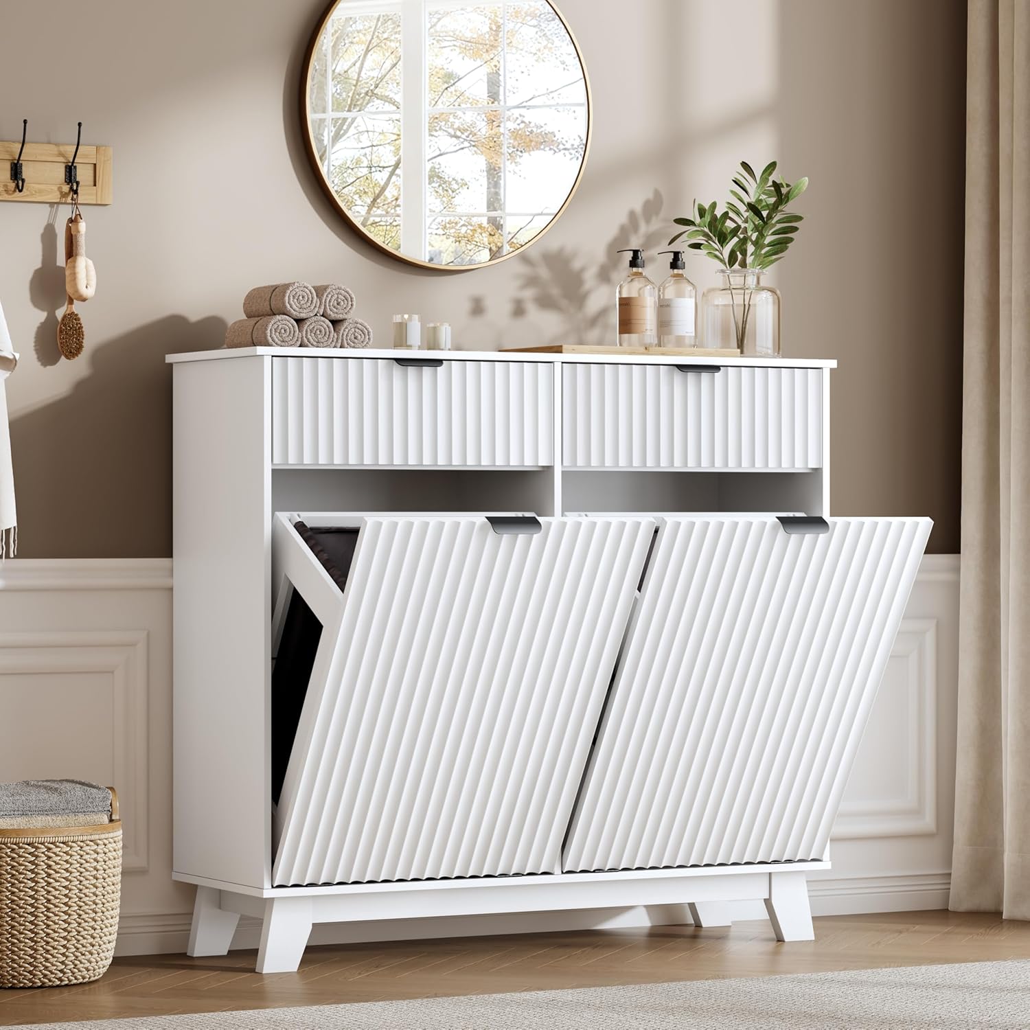 FANRAL Single Tilt Out Laundry Hamper Cabinet,10 Gallon en Hidden Storage Cabinet,Fluted Trash Can for Bathroom Kitchen Living Room, Laundry Basket Cabinet