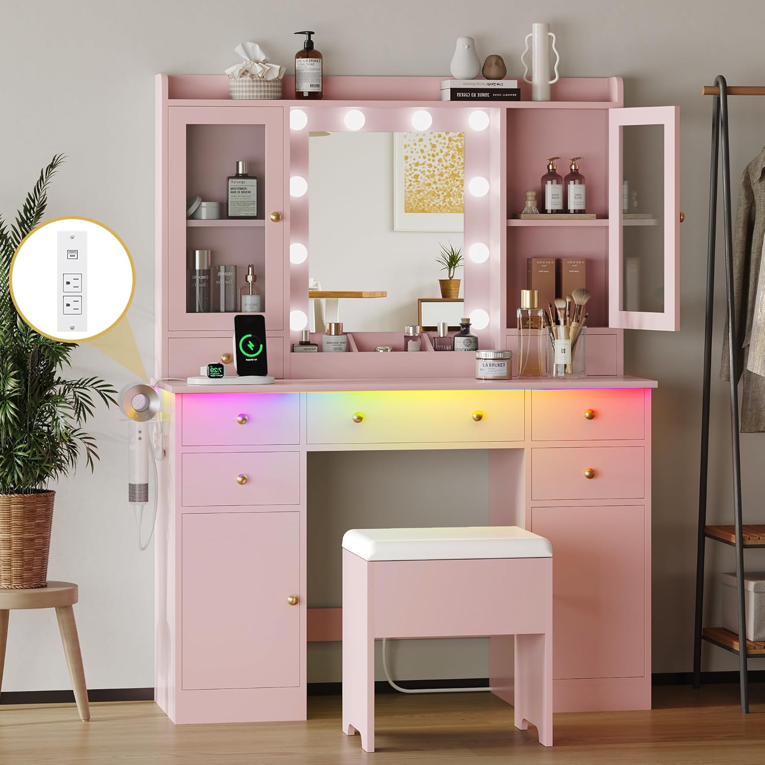 FANRAL Makeup Vanity Desk with Mirror and Lights,Vanity Table Set with Chair,Large Dressing Table with RGB Ambient Light