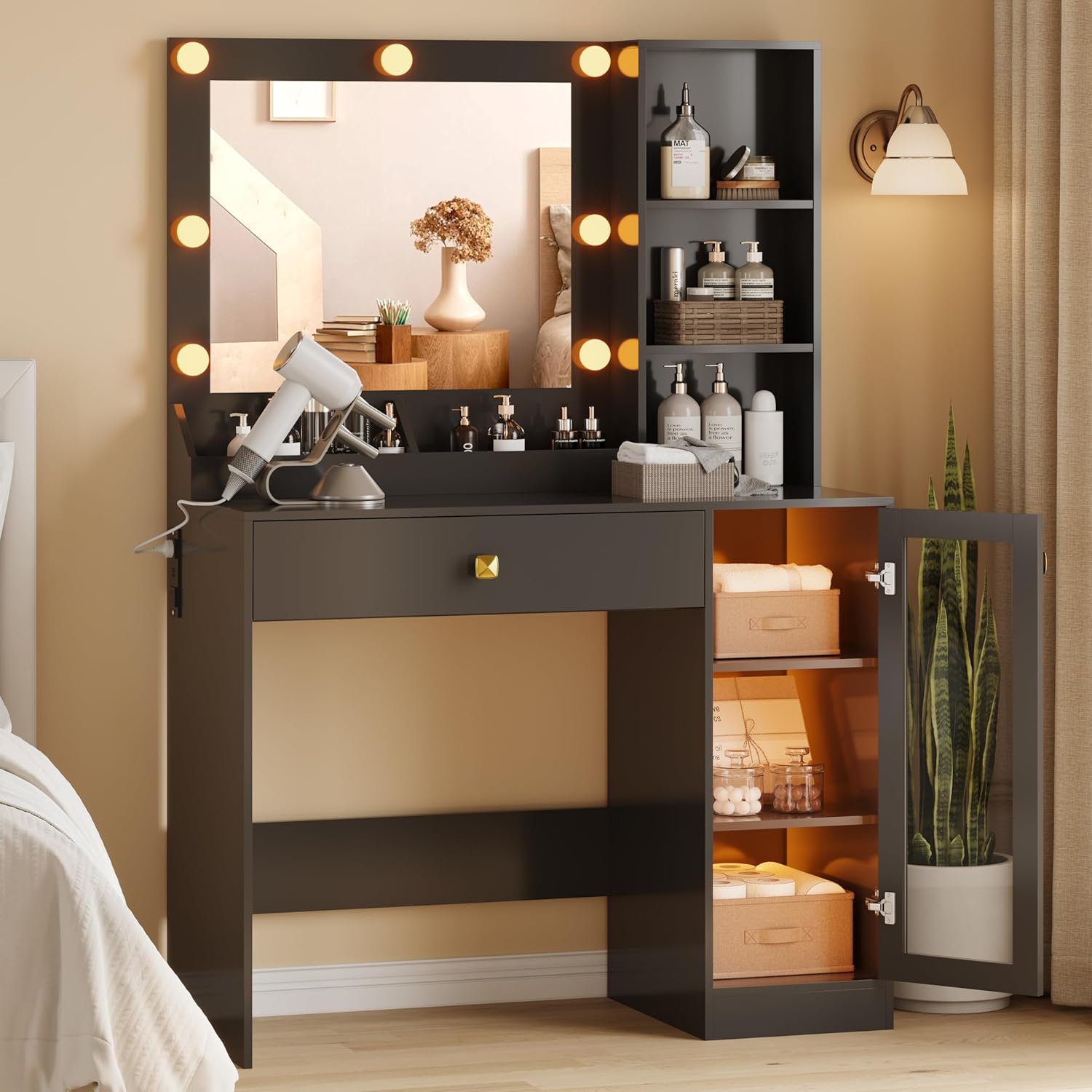 Fanral Makeup Vanity Desk With Mirror And Lights,Glass Top Bedroom Vanity With Jewelry Organizer Cabinet & Charging Station & Hidden Compartment, Vanity