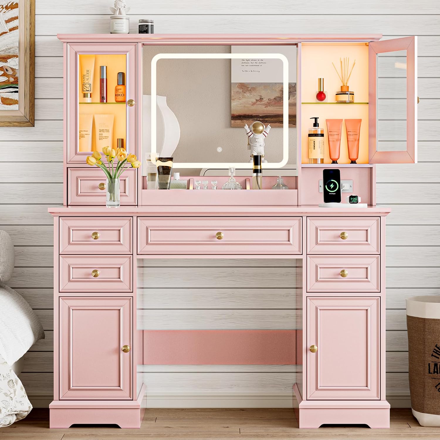 FANRAL Makeup Vanity Desk with Mirror and Lights,Farmhouse Vanity with RGB Cabinets & Power Outlet,43.5" Large Vanity Table, Vanity