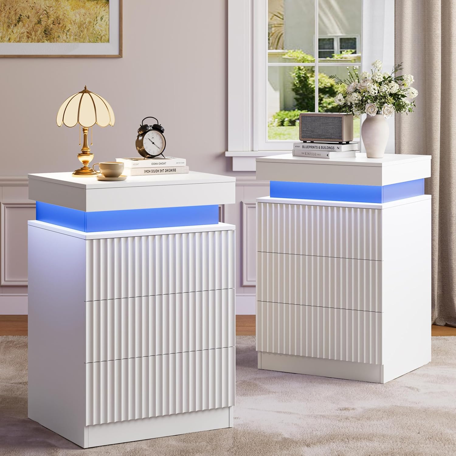 FANRAL Modern Fluted Nightstand with Charging Station & RGB LED,3 Drawer Bedside Table & End Table with Sliding Top Hidden Storage, Night Stand