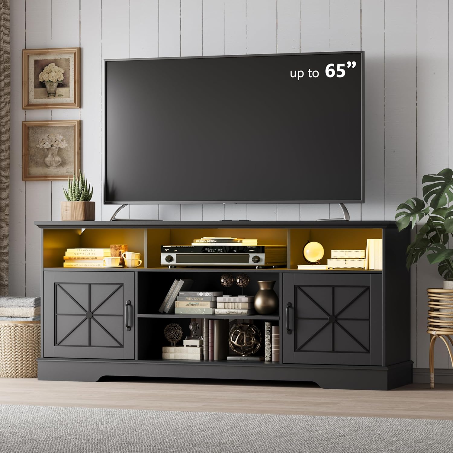 FANRAL Farmhouse TV Stand with Sliding Barn Doors,Rustic Entertainment Center for 65 Inch TV,Media Console with Storage Cabinets & Cable Holes for Living Room, TV Stand