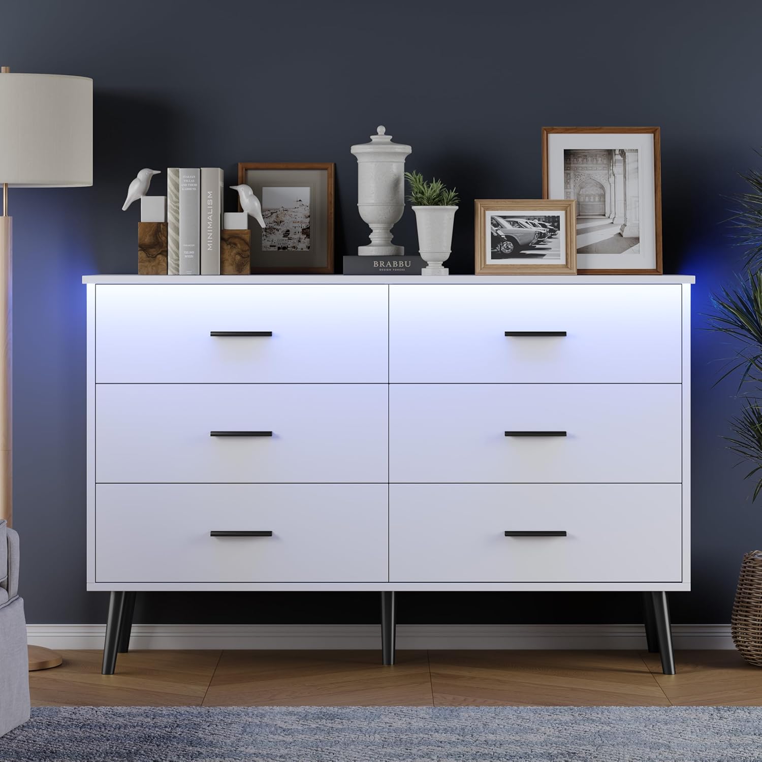 FANRAL 6 Drawers Dresser for Bedroom, Modern Chest of Drawers with X-Shaped Sturdy Base, Dresser
