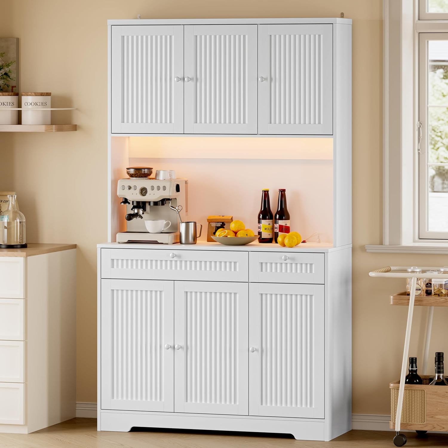 FANRAL 70¡± Tall Pantry Organizers and Storage Cabinet with Barn Doors & Drawers,Adjustable Shelf,Tall Pantry for Kitchen Dining Room Living Room Bedroom, Pantry Cabinet