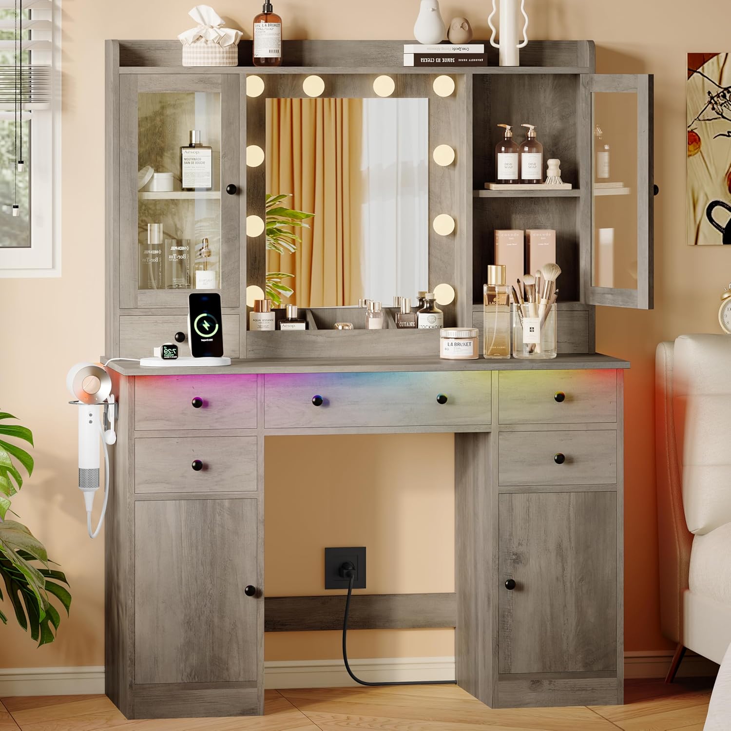 FANRAL 43.7" Vanity Desk with 10 Mirror Lights & Under-Table RGB,Charging Station & Hair Dryer Holder,Multi-Storage Dressing Table for Bedroom Bathroom, Vanity
