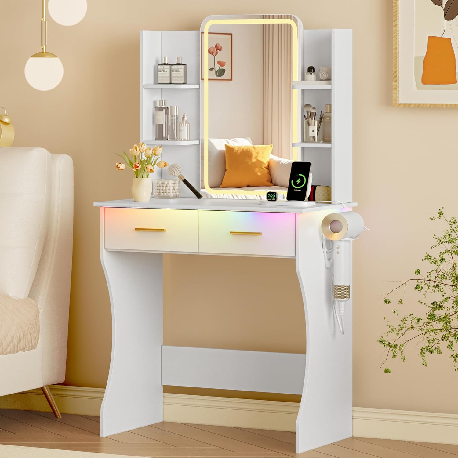 FANRAL Large Vanity Desk with LED Lighted Mirror & RGB Glass Cabinets,Built-in Charging Station & 7 Drawers,Modern Dressing Table for Bedroom Beauty Spaces, Vanity