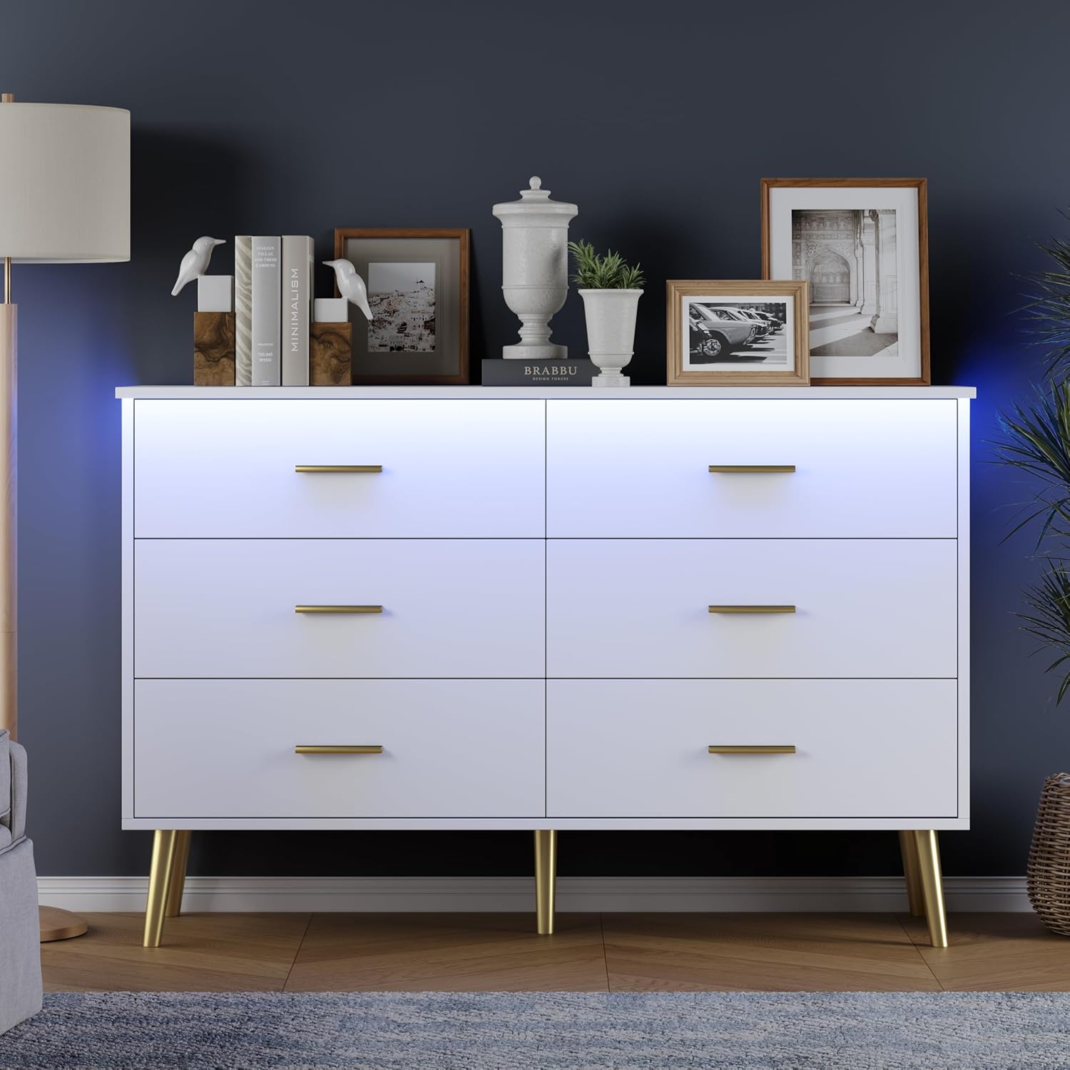FANRAL 6 Drawers Dresser for Bedroom, Modern Chest of Drawers with X-Shaped Sturdy Base, Dresser