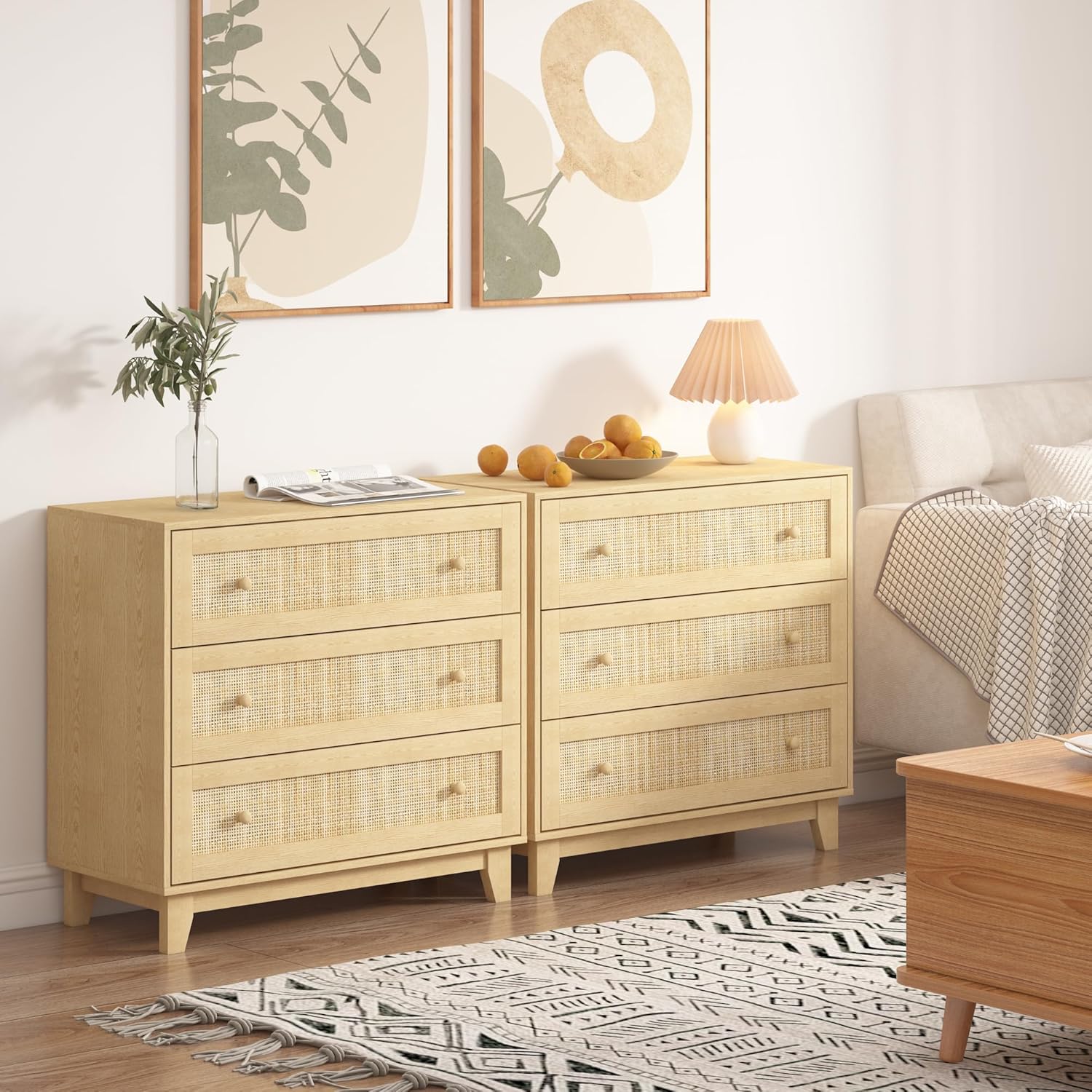 FANRAL 3 Drawers Dresser for Bedroom,Boho Small Natural Rattan Closet Dresser Chest of Drawers,Modern Clothes Storage Organizer with en Feet and Handles for Hallway,Living Room,Entryway