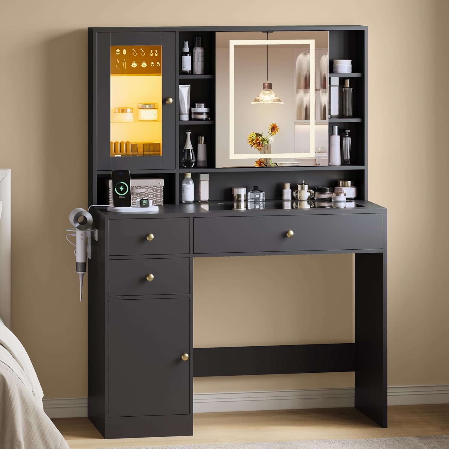 Fanral Makeup Vanity Desk With Mirror And Lights,Glass Top Bedroom Vanity With Jewelry Organizer Cabinet & Charging Station & Hidden Compartment, Vanity