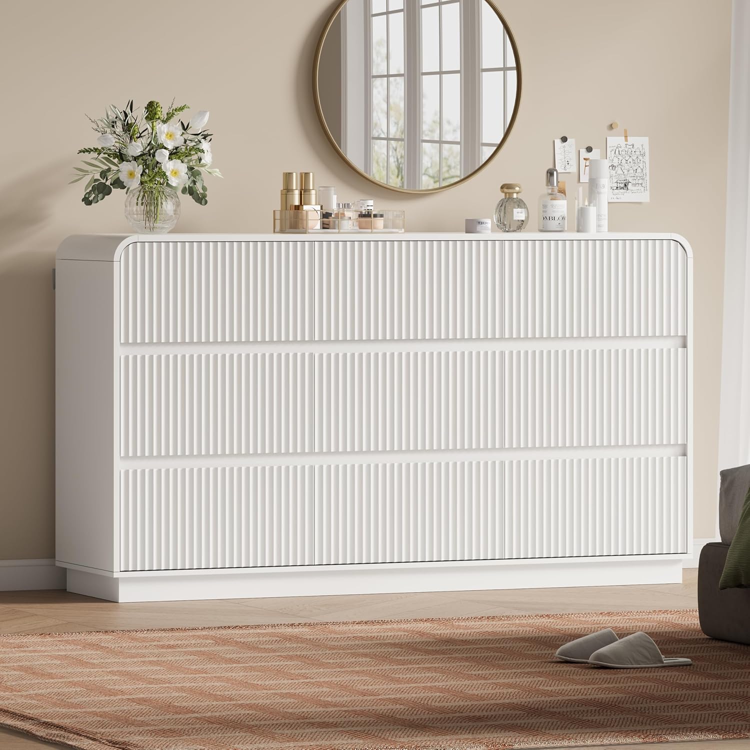 FANRAL 6 Drawer Wide Dresser, Modern Fluted Chest of Drawers with Sturdy Legs & Solid Base, Large Storage Dresser for Bedroom, Dresser