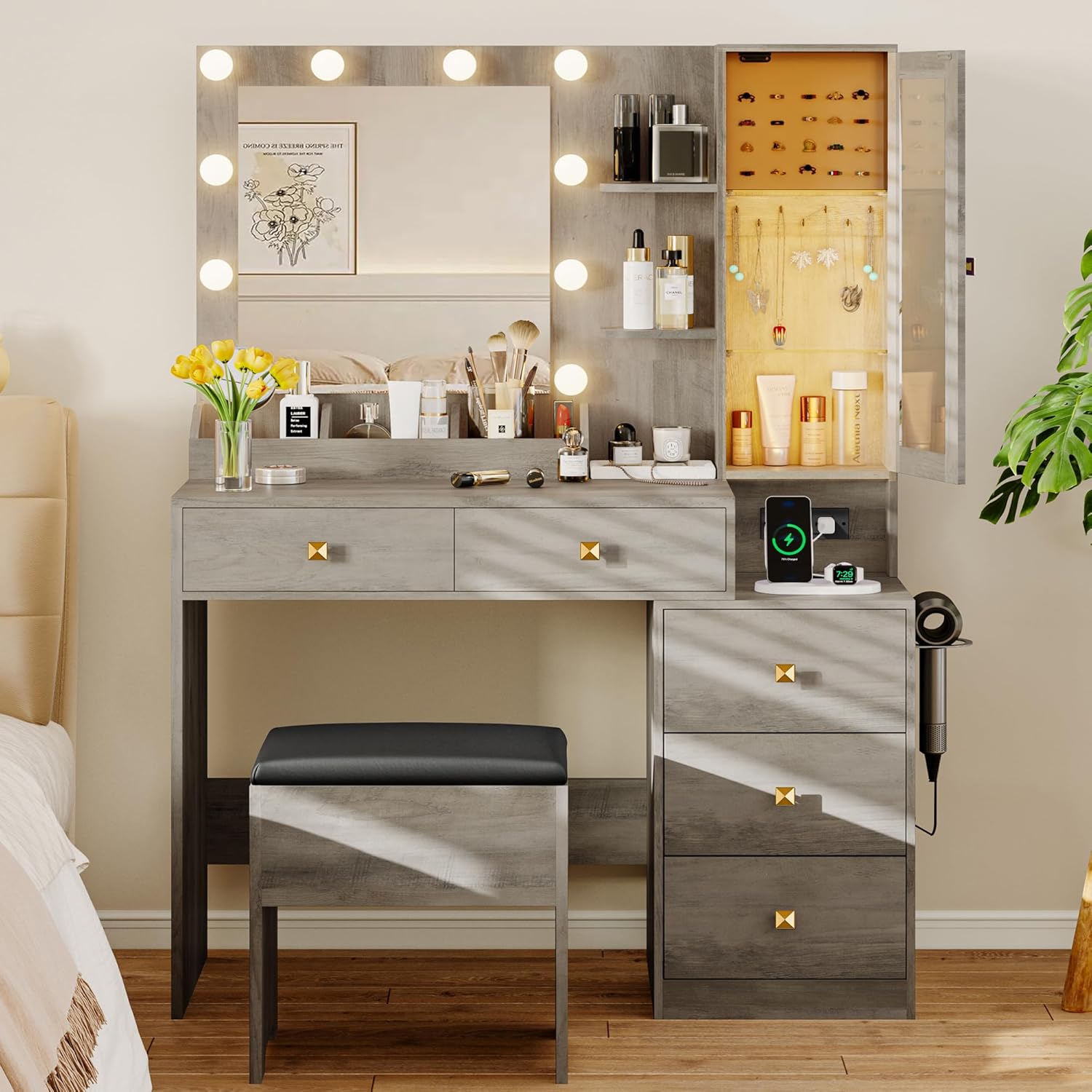 FANRAL Vanity Set with Mirror and Lights,Makeup Vanity Desk with Drawers & Chair & Jewelry Storage Cabinet, Vanity