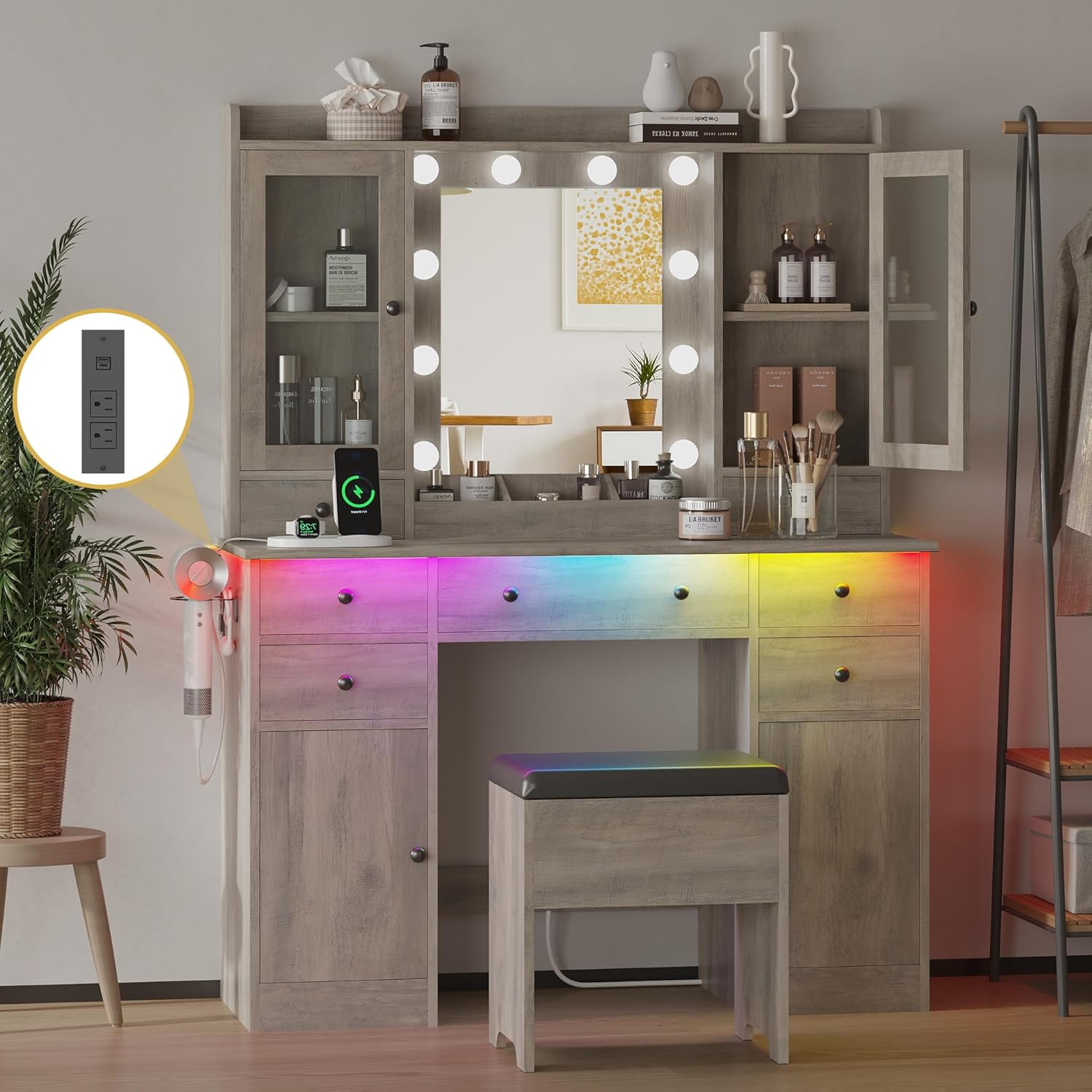 FANRAL Makeup Vanity Desk with Mirror and Lights,Vanity Table Set with Chair,Large Dressing Table with RGB Ambient Light