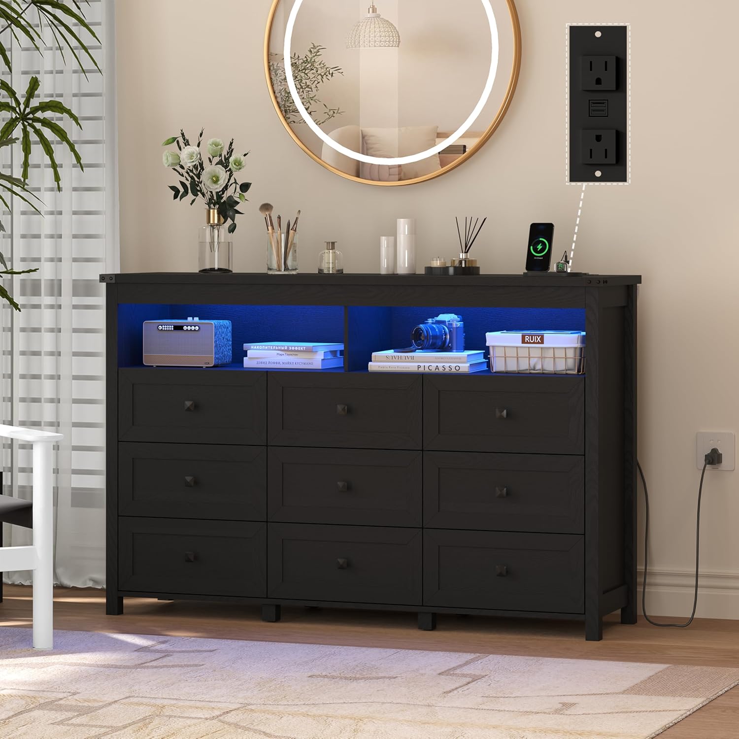 FANRAL Dresser for Bedroom with 6 Drawers, Metal Handle Closet Storage Cabinet,Wide TV Stand Chests of Drawers, Dresser