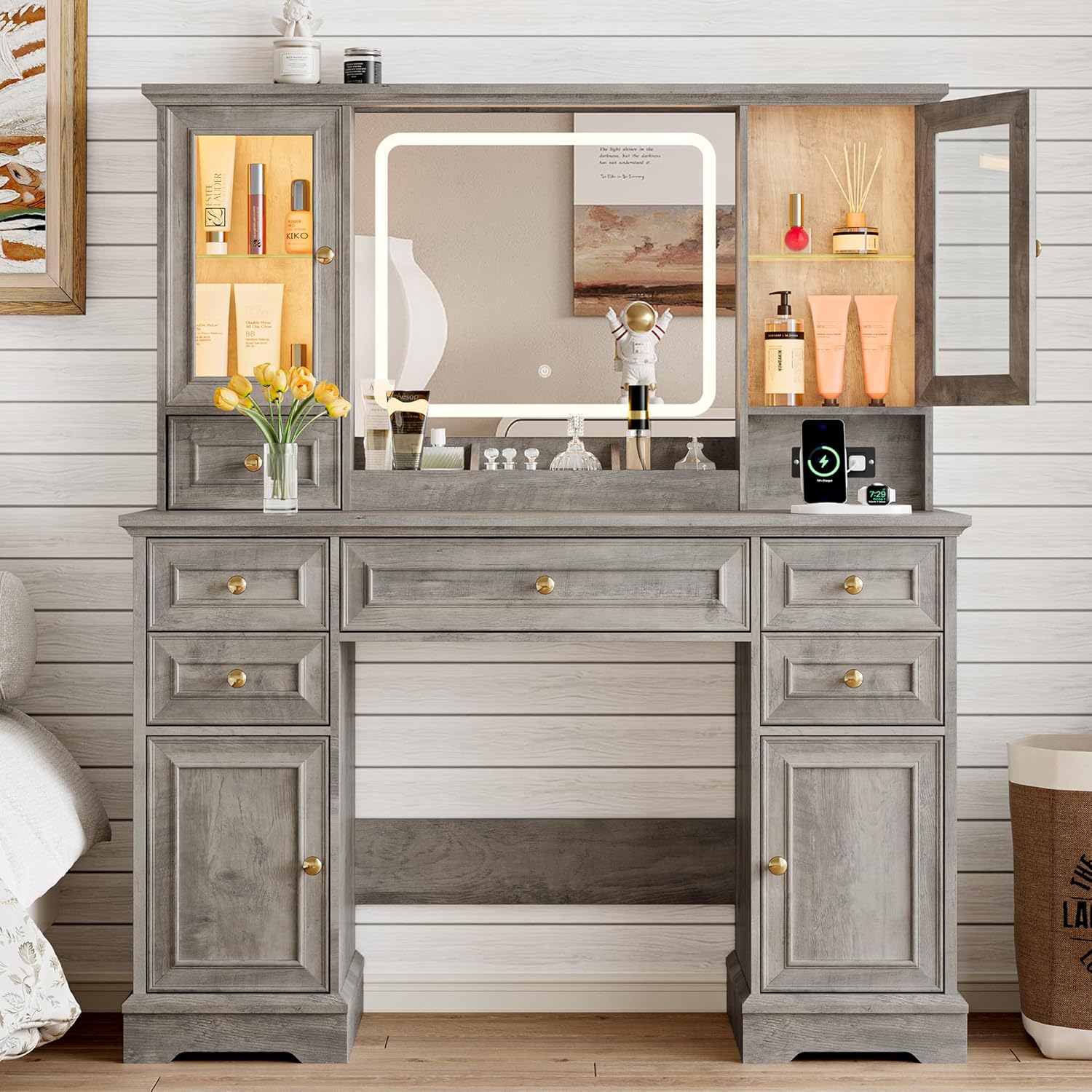 FANRAL Makeup Vanity Desk with Mirror and Lights,Farmhouse Vanity with RGB Cabinets & Power Outlet,43.5" Large Vanity Table, Vanity