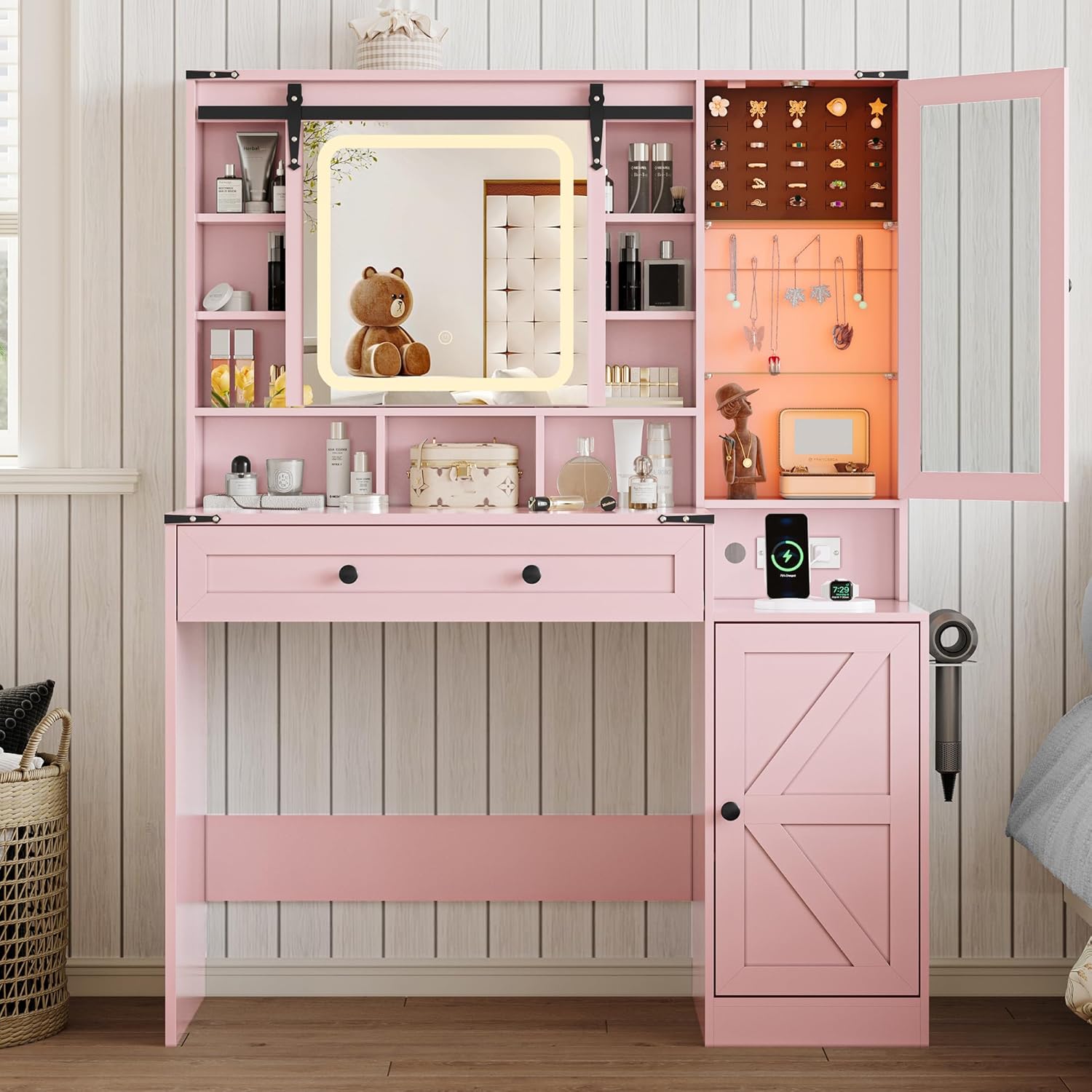 FANRAL Makeup Vanity Desk with Mirror and Lights,Farmhouse Vanity Table with Sliding Mirrors & Power Outlet & RGB Cabinet,Large Dressing Table