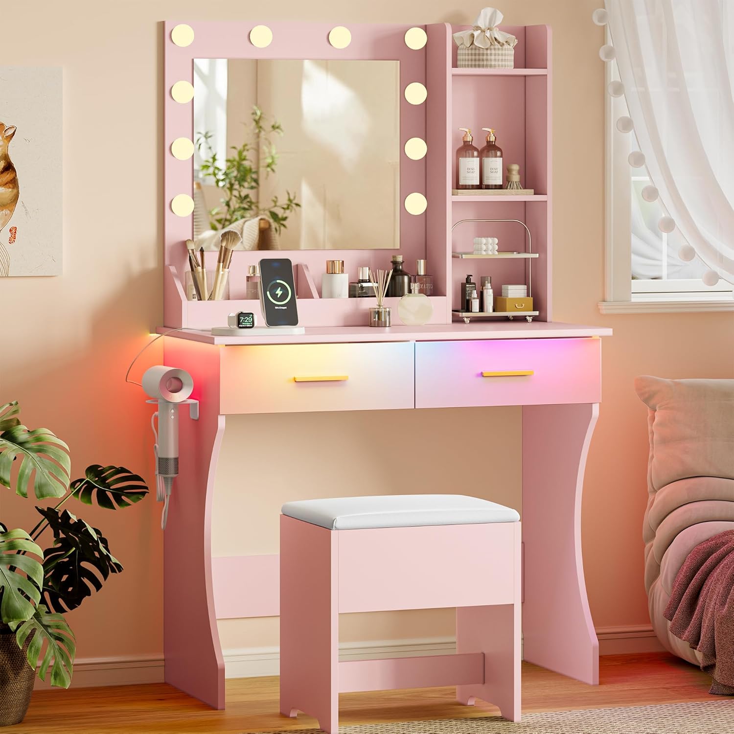 FANRAL Vanity Desk with Mirror and LED Lights,Small Makeup Vanity Table with Drawers & Chair & Power Outlet & Hair Dryer Rack,Dressing Table for Bedroom