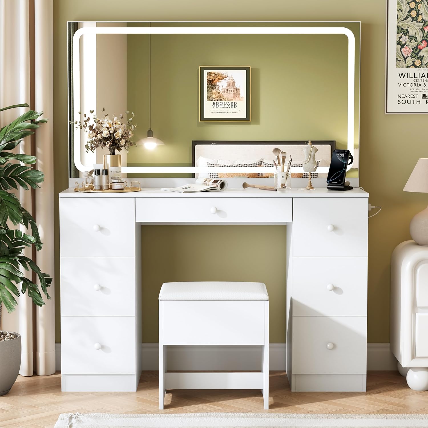 FANRAL 47" Large Makeup Vanity Desk with Mirror and Lights,Vanity Table with Power Outlet & RGB Glass Cabinet, Vanity