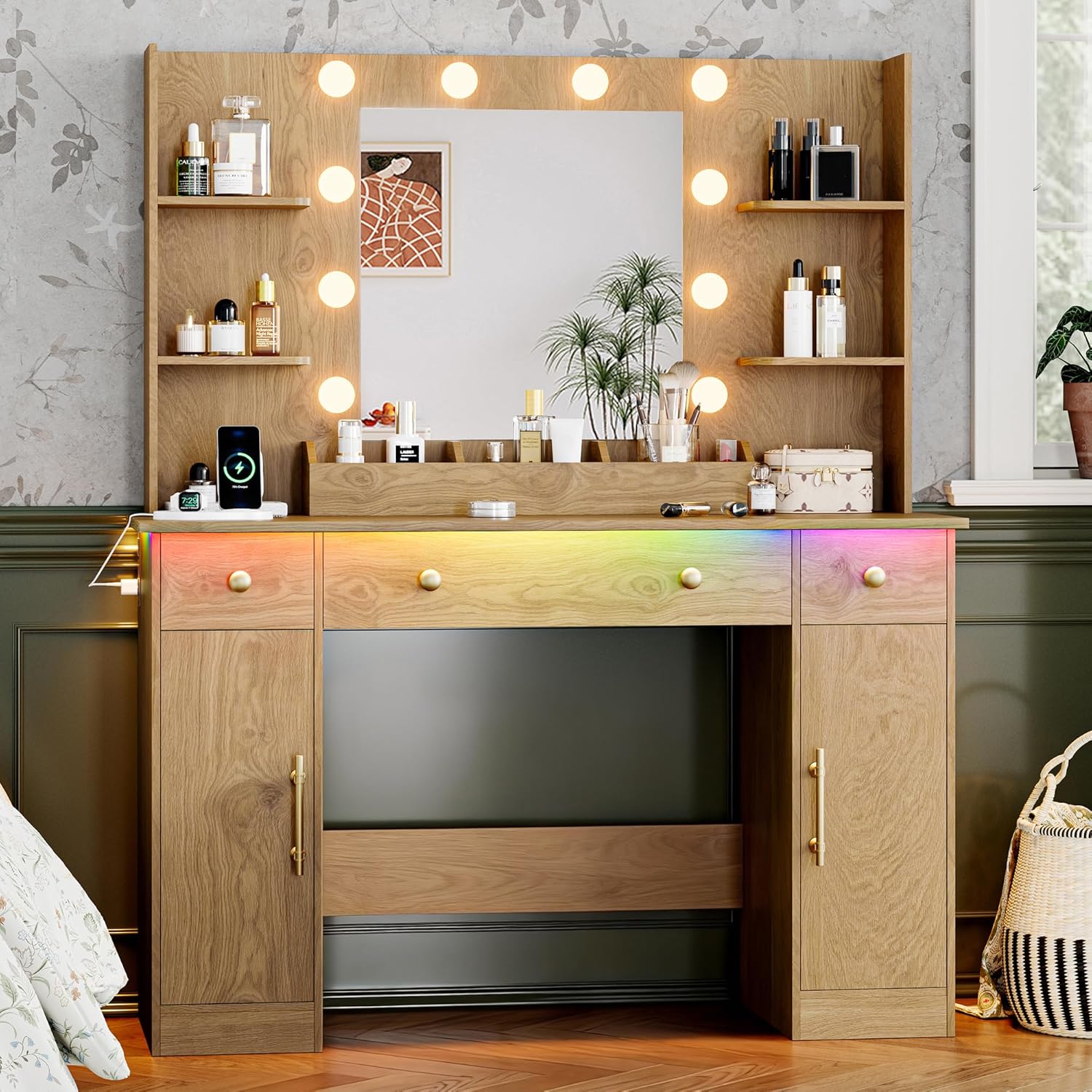 FANRAL 43'' Vanity Desk with 10 Lights & Under-Table RGB Strip,Built-in Power Outlets,Cushioned Stool & Large Storage,Dressing Table for Bedroom Bathroom Grooming, Vanity