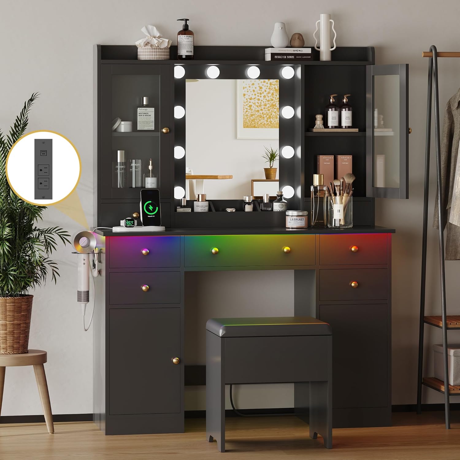 FANRAL Makeup Vanity Desk with Mirror and Lights,Vanity Table Set with Chair,Large Dressing Table with RGB Ambient Light