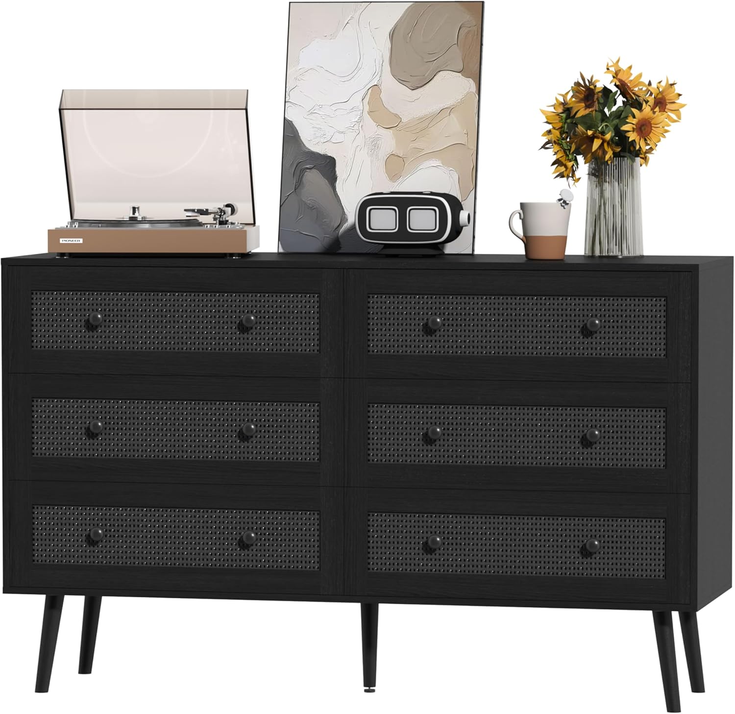 FANRAL 3 Drawers Dresser for Bedroom,Boho Small Natural Rattan Closet Dresser Chest of Drawers,Modern Clothes Storage Organizer with en Feet and Handles for Hallway,Living Room,Entryway