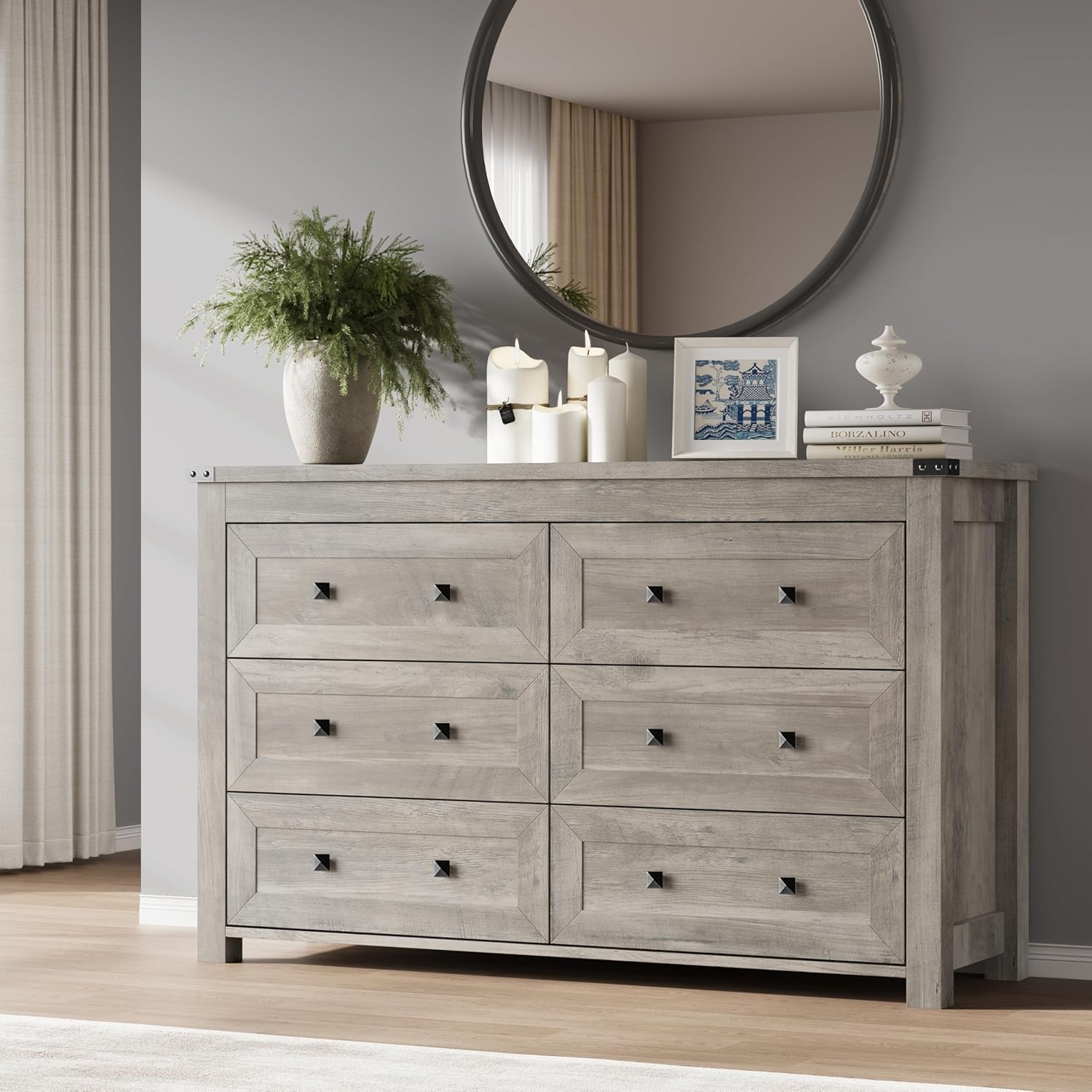 FANRAL Dresser for Bedroom with 6 Drawers, Metal Handle Closet Storage Cabinet,Wide TV Stand Chests of Drawers, Dresser