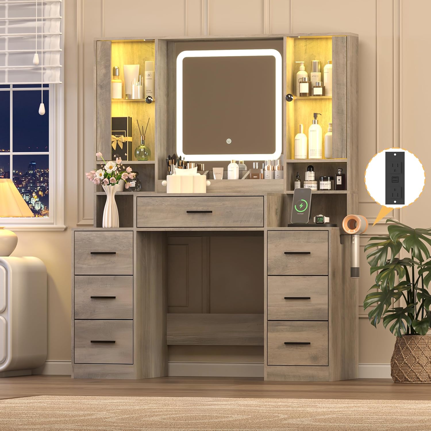 FANRAL Large Vanity Desk with LED Lighted Mirror & RGB Glass Cabinets,Built-in Charging Station & 7 Drawers,Modern Dressing Table for Bedroom Beauty Spaces, Vanity