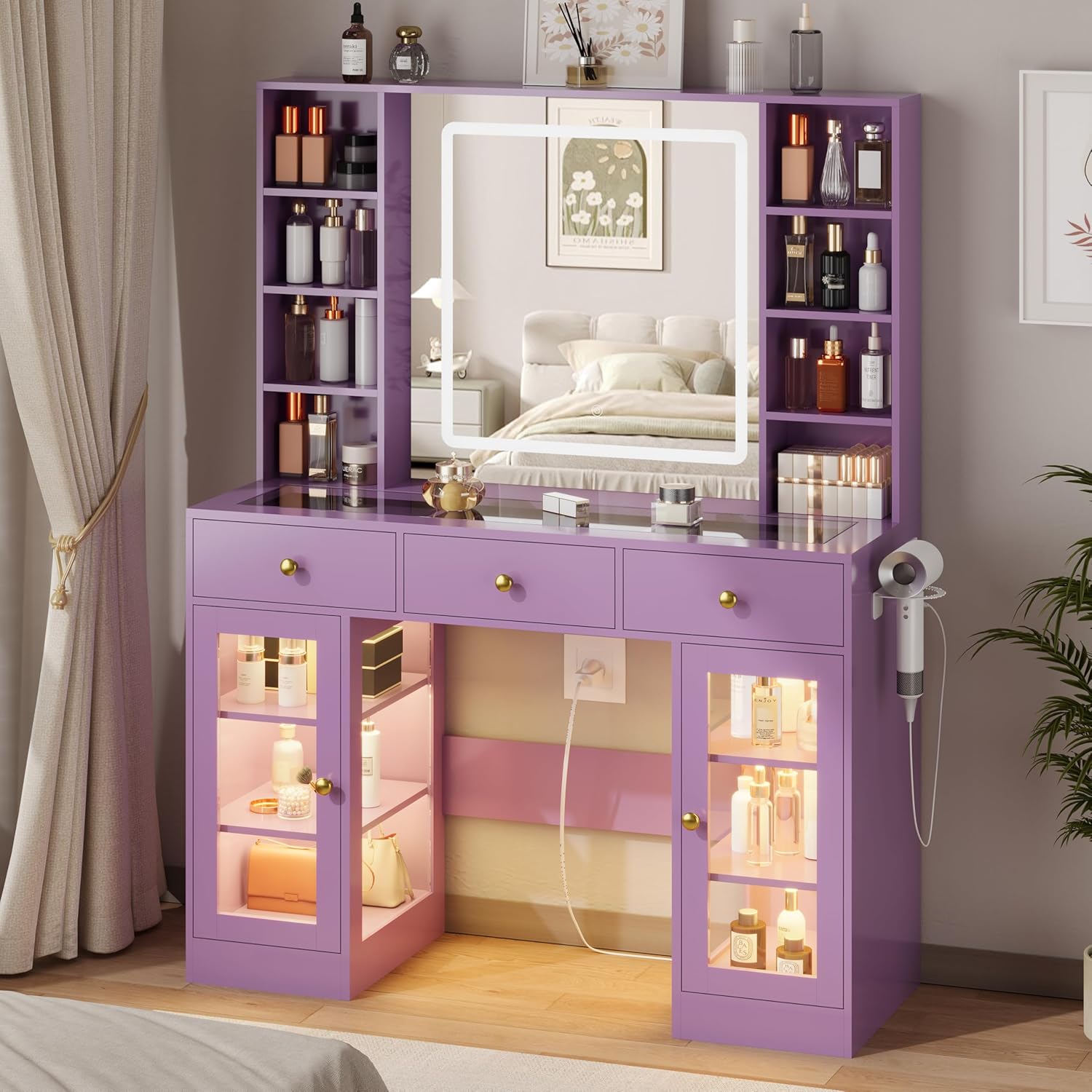 FANRAL Makeup Vanity Desk with Mirror and Lights,Glass Top Vanity Table with RGB Cabinets,Large Dressing Table for Women Bedroom