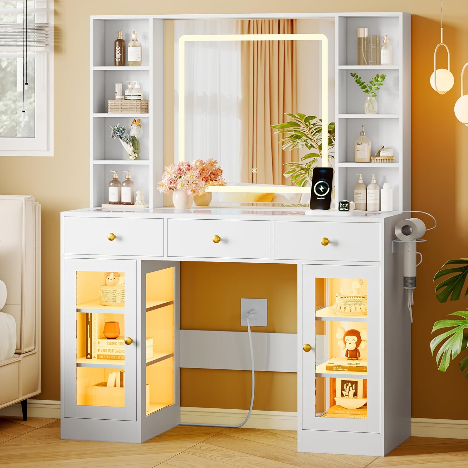 FANRAL Makeup Vanity with Mirror and Lights,Glass Top Vanity Desk with RGB Cabinets,43.5" Large Dressing Table for Women Bedroom, Vanity
