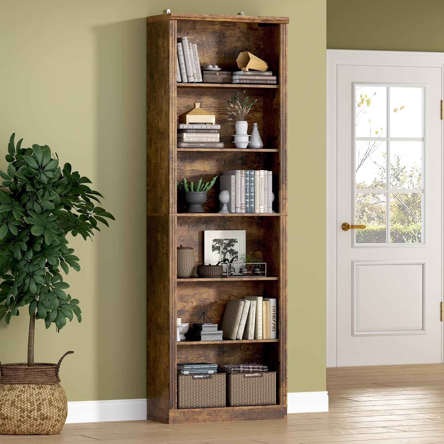 FANRAL 75" Open Bookshelf, 24" Wide 6 Tier Storage Organizer with Adjustable Shelving, Freestanding Anti-Tipping Display Shelf for Home Office Study, Bookcase