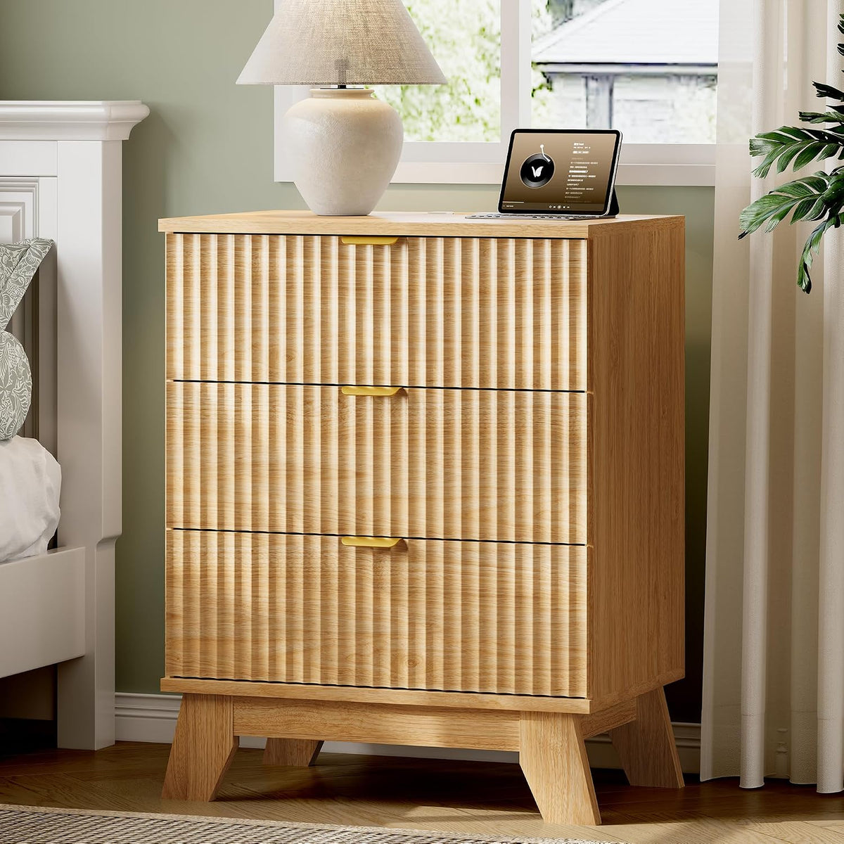 FANRAL 3 Large Drawer Nightstand,30" Tall Night Stand,24" Wide Side Table, Fluted Bedside Table Modern End Table Small Dresser for Bedroom, Nightstand