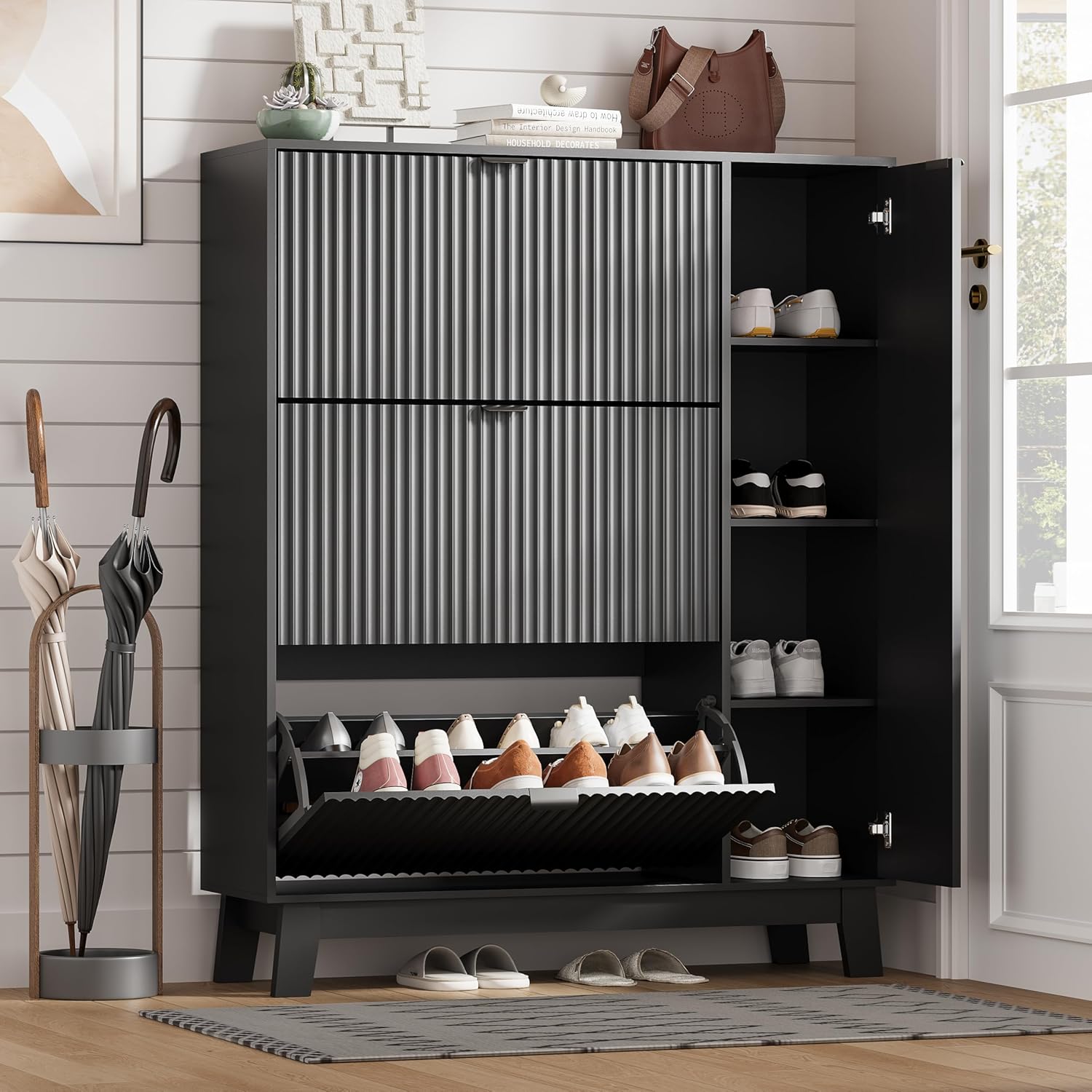 FANRAL Shoe Cabinet with 2 Flip Drawers & Open Storage,Fluted Shoe Storage Cabinet Rack Organizer with Adjustable Shelves for Entryway,Closet,Hallway,