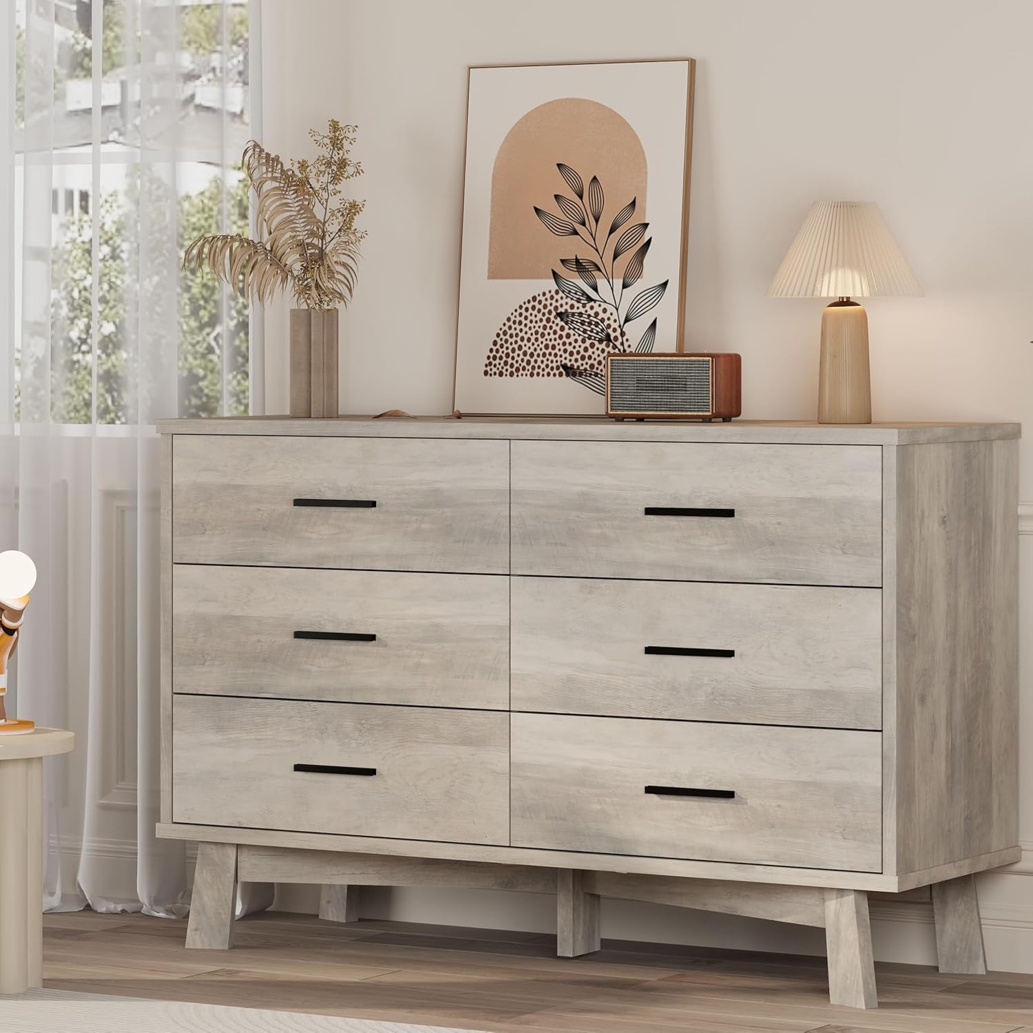 FANRAL 6 Drawers Dresser for Bedroom, Modern Chest of Drawers with X-Shaped Sturdy Base, Dresser