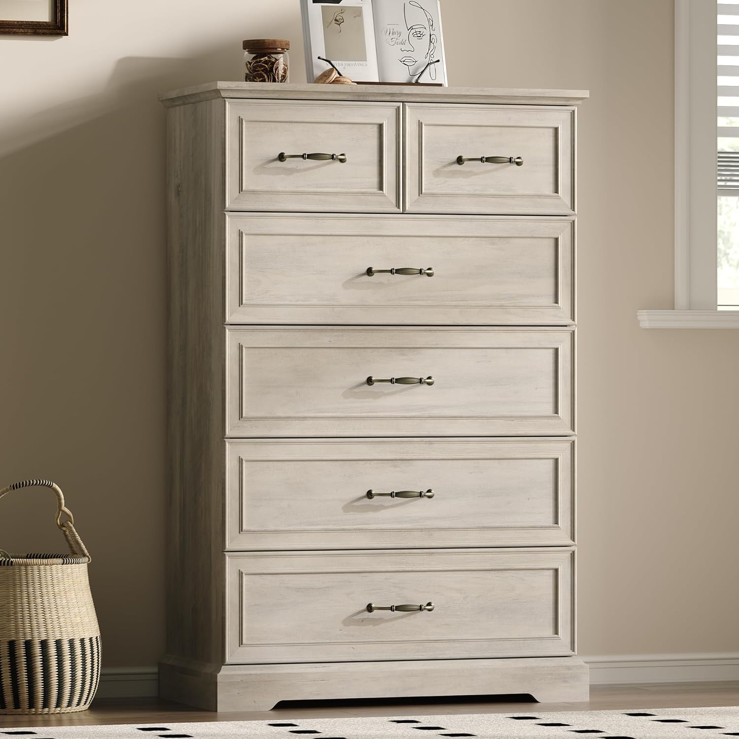 FANRAL Tall Dresser for Bedroom with 6 Drawers Chest of Drawers,en Dresser Storage Cabinet with Metal Handles, Dresser