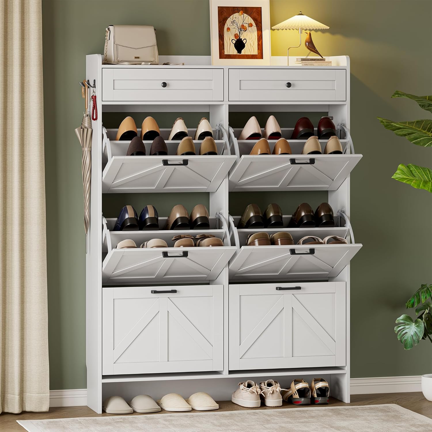 FANRAL Shoe Cabinet with 2 Flip Drawer & 2 Storage Drawer,Farmhouse Narrow Shoe Rack with Adjustable Shelve & Hook for Entryway,Hallway,