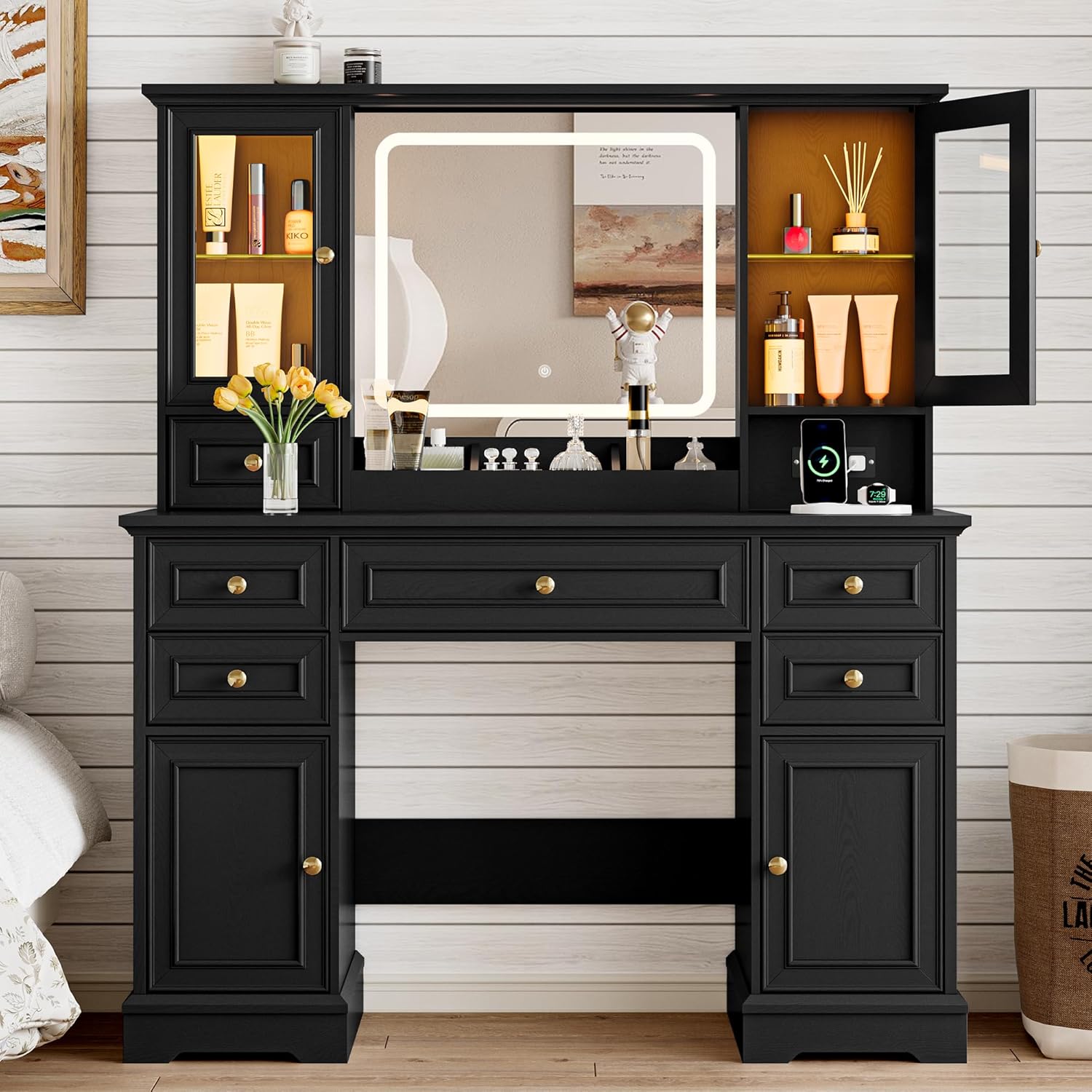 FANRAL Makeup Vanity Desk with Mirror and Lights,Farmhouse Vanity with RGB Cabinets & Power Outlet,43.5" Large Vanity Table, Vanity