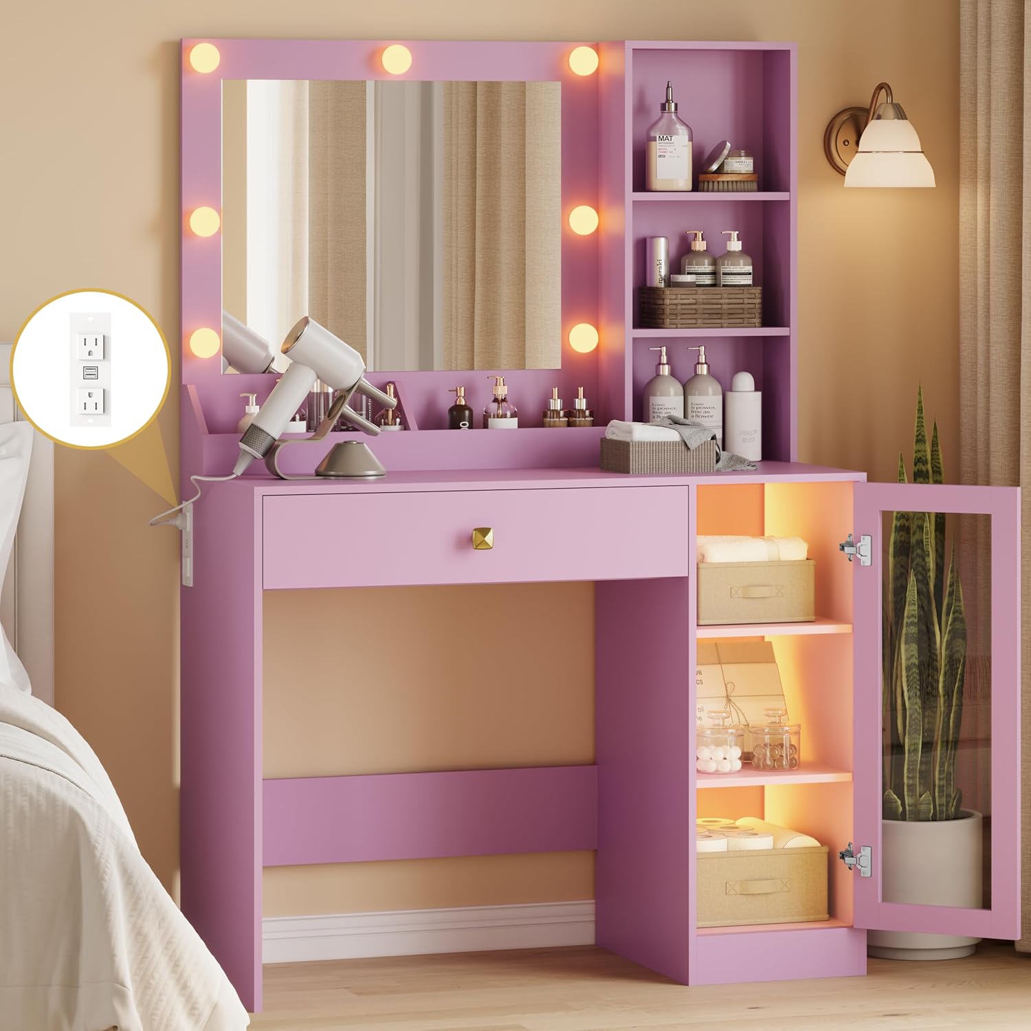 Fanral Makeup Vanity Desk With Mirror And Lights,Glass Top Bedroom Vanity With Jewelry Organizer Cabinet & Charging Station & Hidden Compartment, Vanity