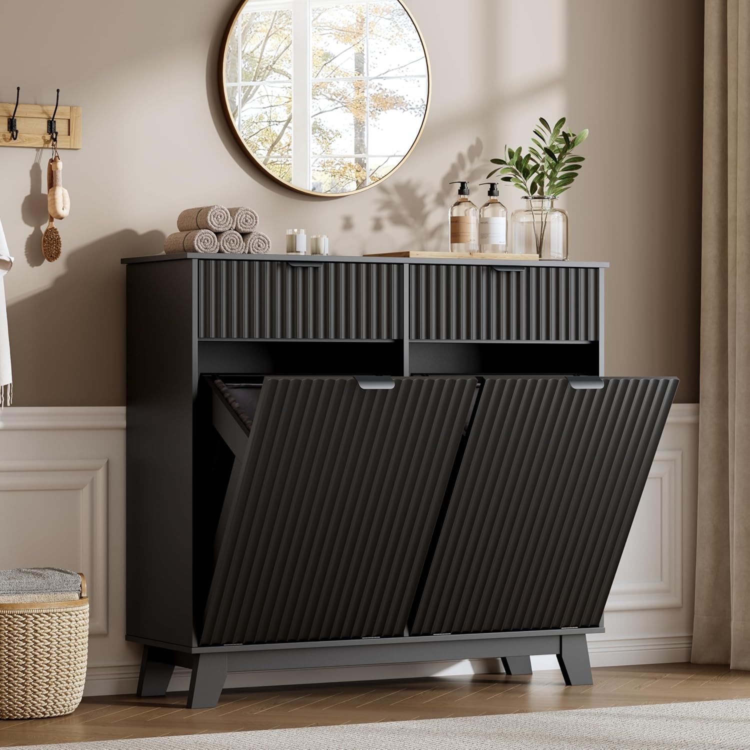 FANRAL Single Tilt Out Laundry Hamper Cabinet,10 Gallon en Hidden Storage Cabinet,Fluted Trash Can for Bathroom Kitchen Living Room, Laundry Basket Cabinet