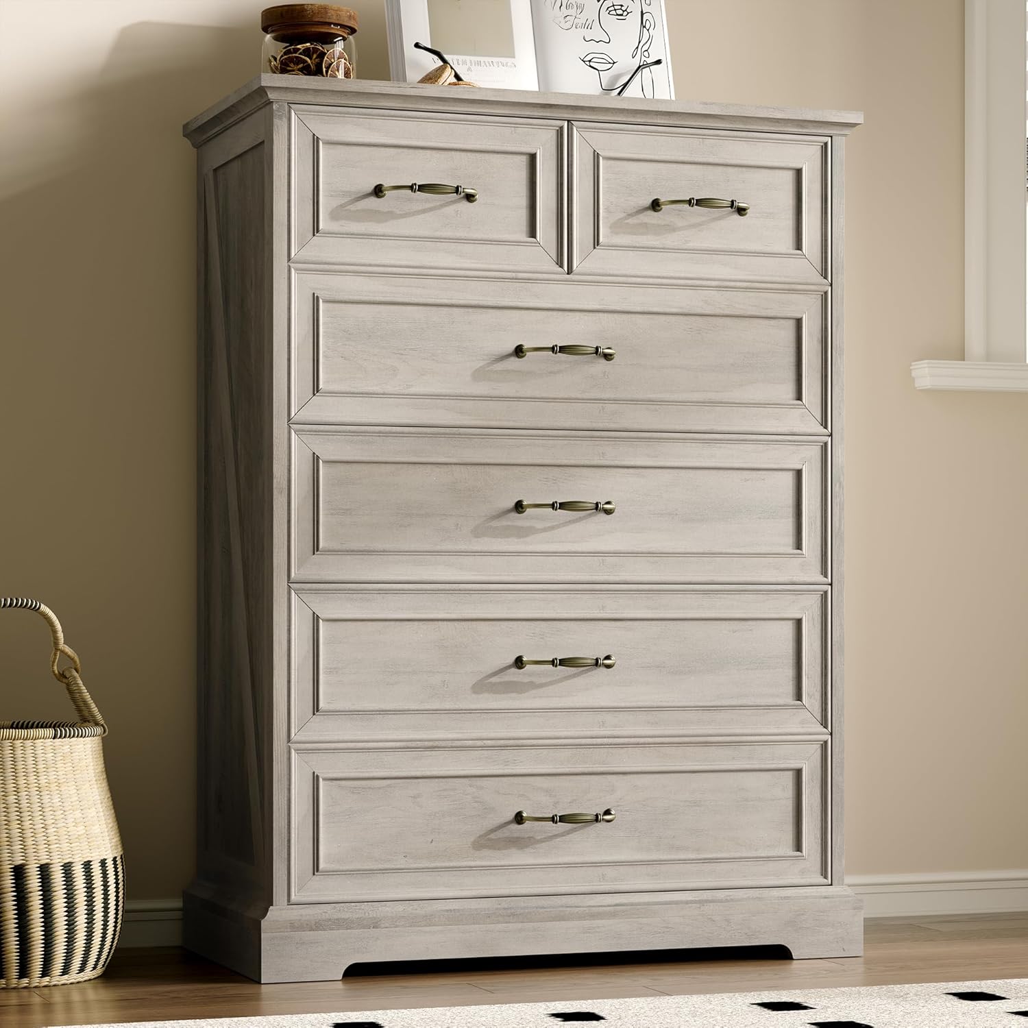 FANRAL Tall Dresser for Bedroom with 6 Drawers Chest of Drawers,en Dresser Storage Cabinet with Metal Handles, Dresser