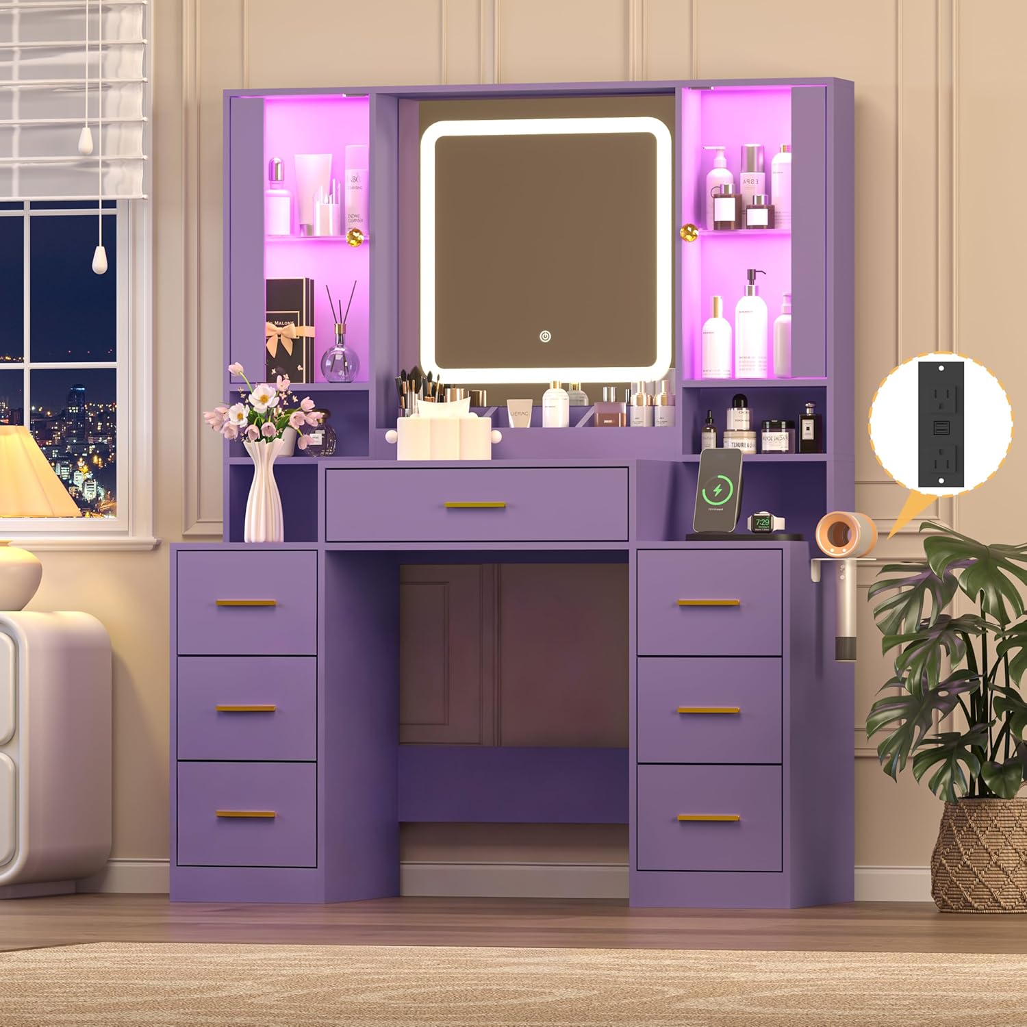 FANRAL Large Vanity Desk with LED Lighted Mirror & RGB Glass Cabinets,Built-in Charging Station & 7 Drawers,Modern Dressing Table for Bedroom Beauty Spaces, Vanity
