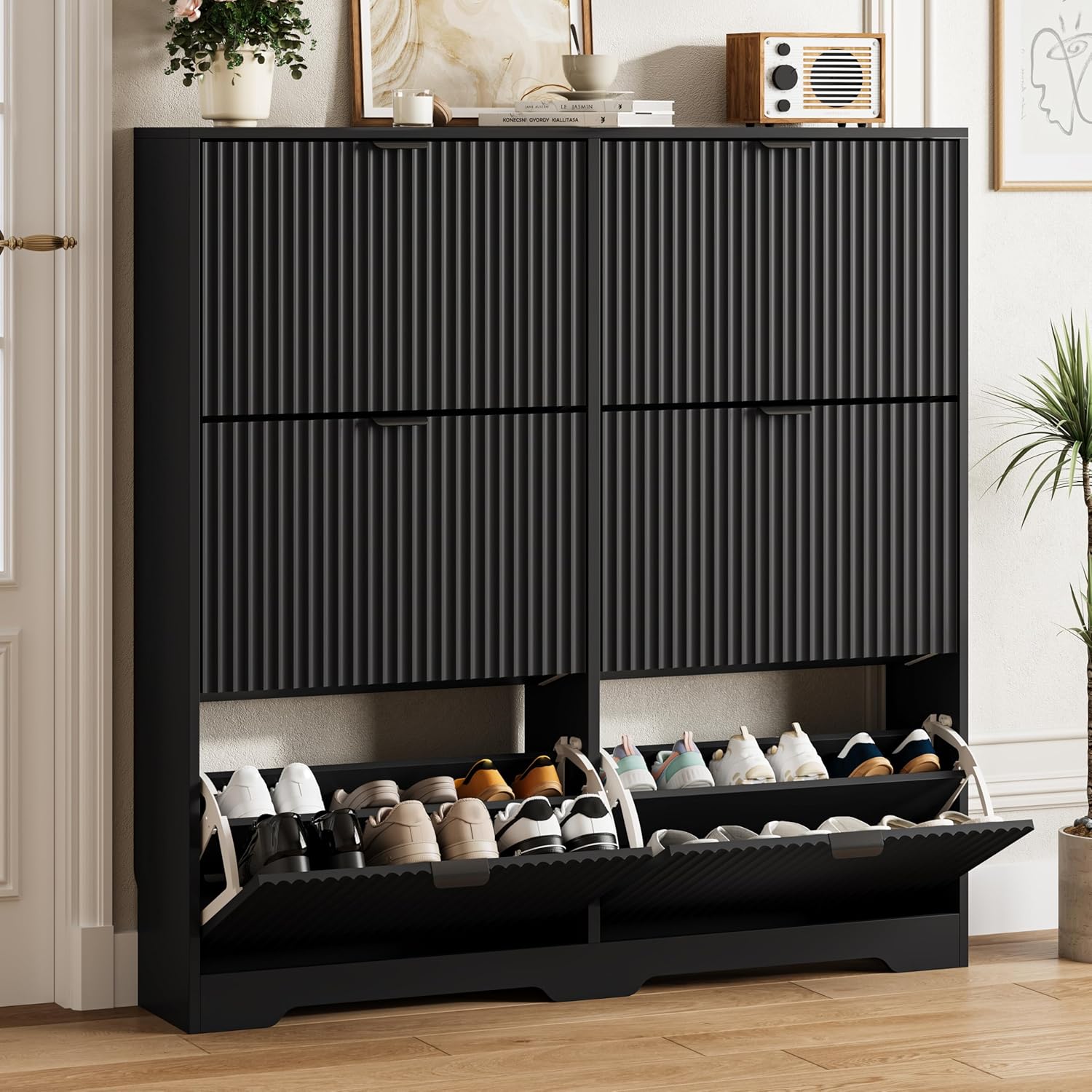 FANRAL Shoe Cabinet with 2 Flip Drawers & Open Storage,Fluted Shoe Storage Cabinet Rack Organizer with Adjustable Shelves for Entryway,Closet,Hallway,