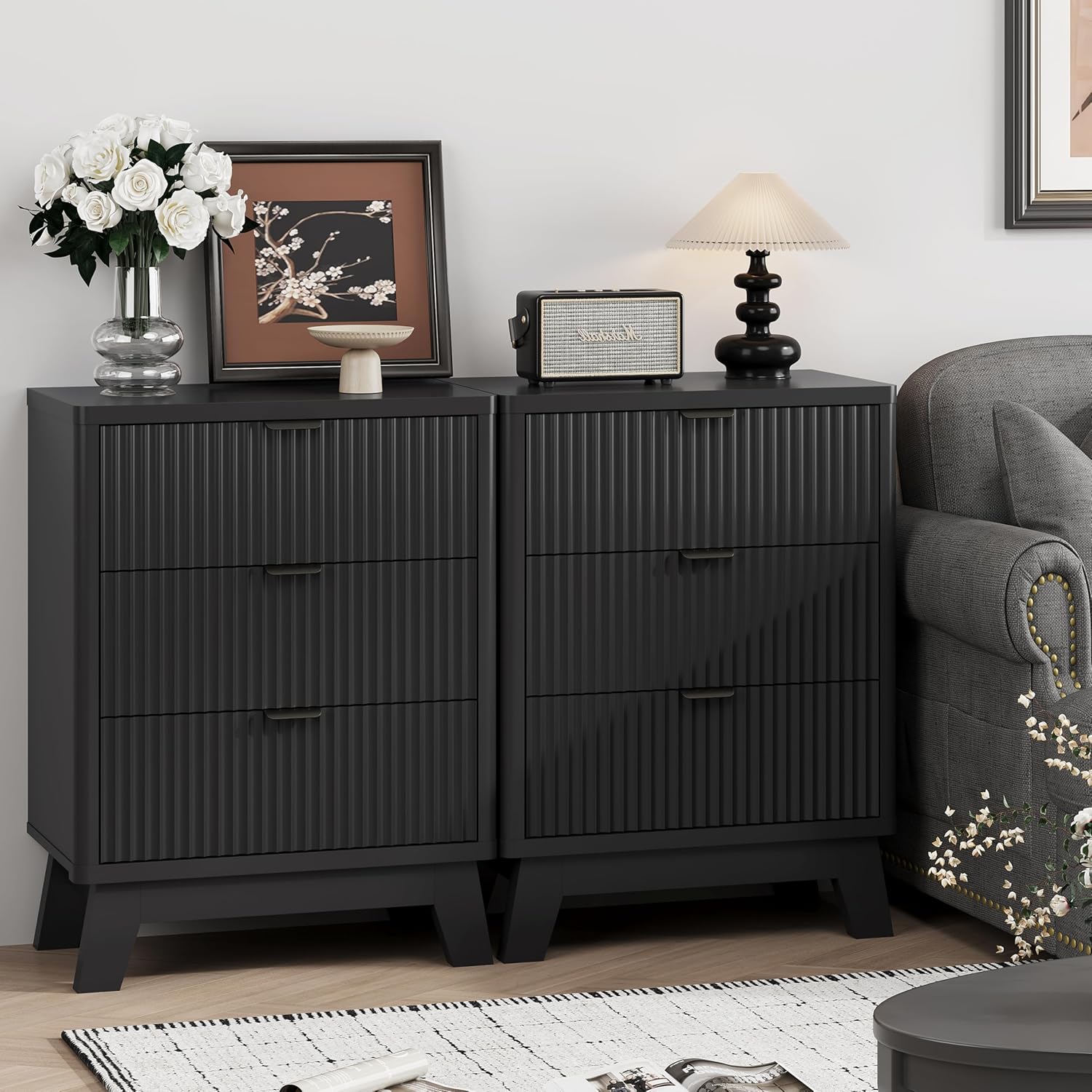 FANRAL Set of 2 Fluted 3 Drawer Nightstands,Modern Bedside Tables with Anti-Tip Safety Design, End Tables for Bedroom Living Room, Night Stand