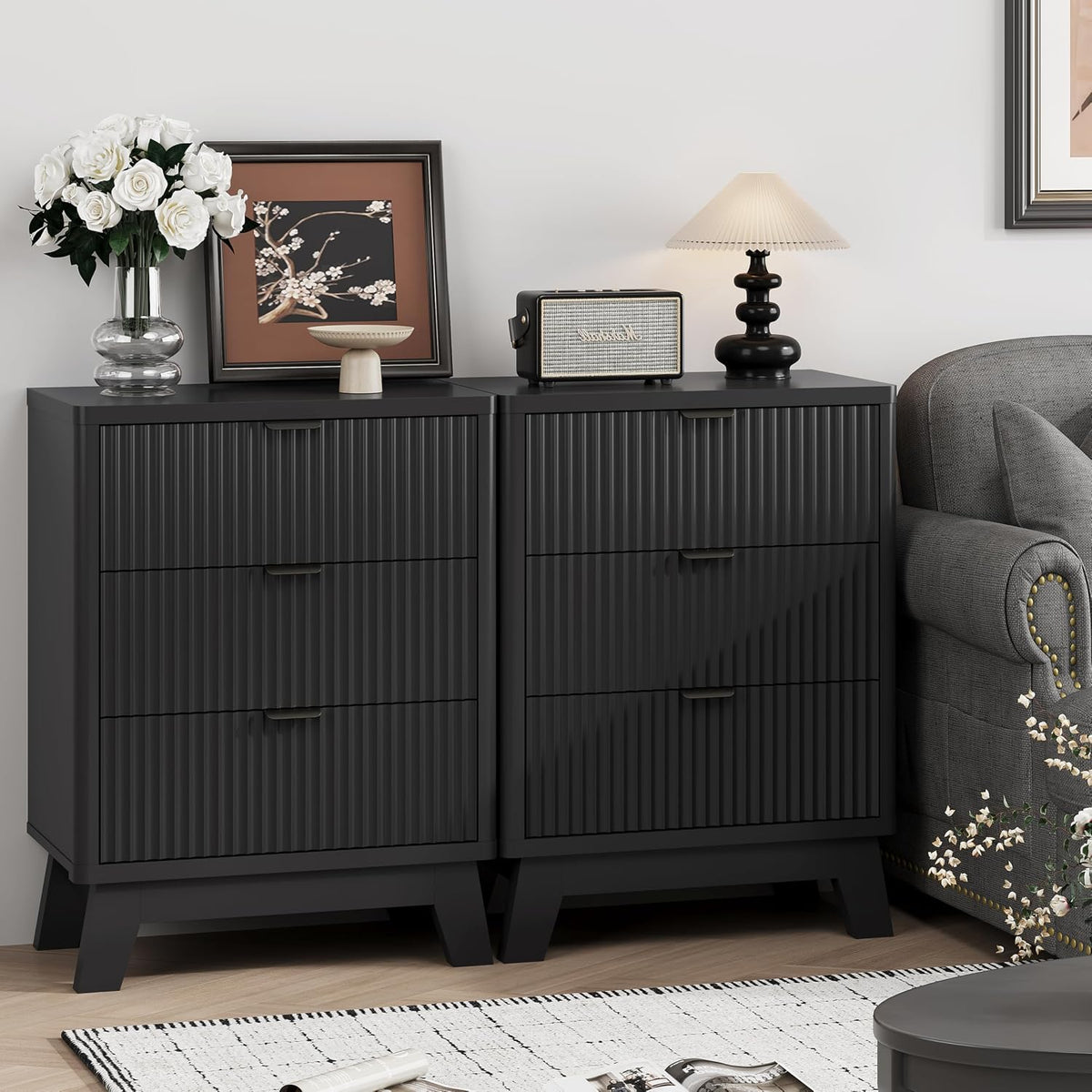 FANRAL 3 Large Drawer Nightstand,30" Tall Night Stand,24" Wide Side Table, Fluted Bedside Table Modern End Table Small Dresser for Bedroom, Nightstand